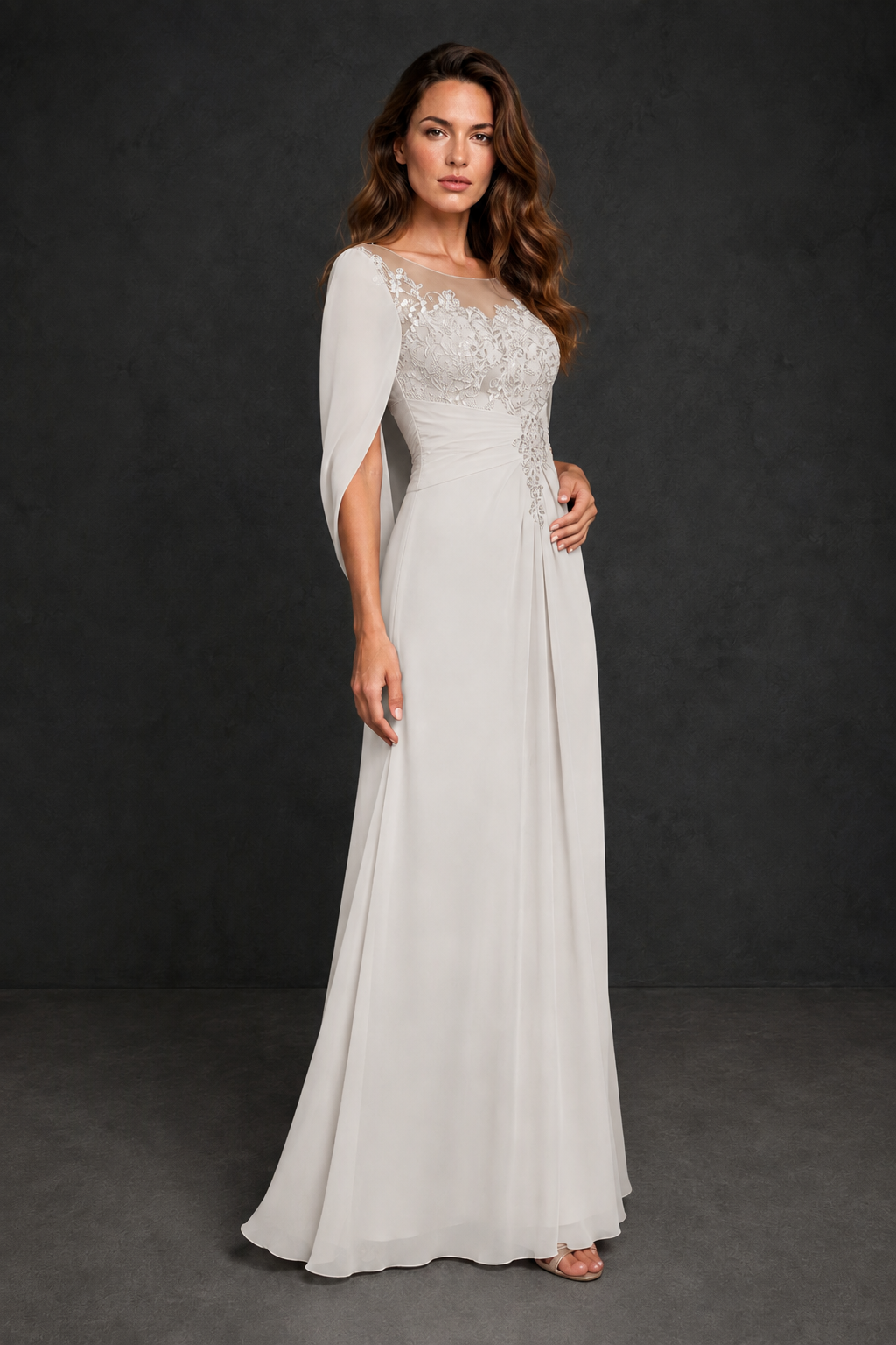BOLODOO Ivory Illusion Lace One-Side Cape Sleeve Beaded Chiffon Floor Length Gown | Mother of the Bride Evening Dress - Ivory