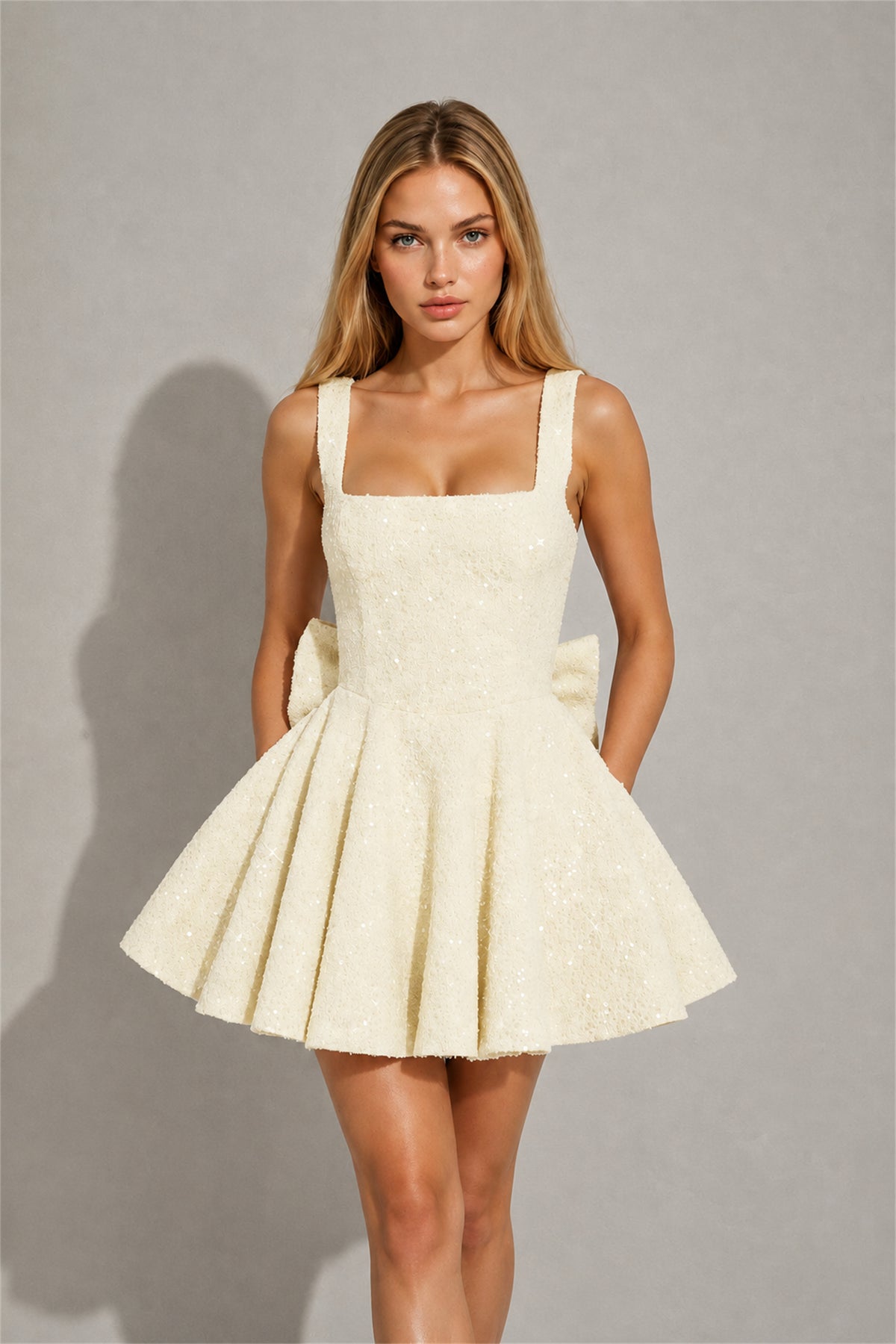 BOLODOO Ivory Sequin Square Neck Wide Strap Bow Waist Open Back Fit and Flare Mini Dress | Prom Birthday Party Dress - Ivory