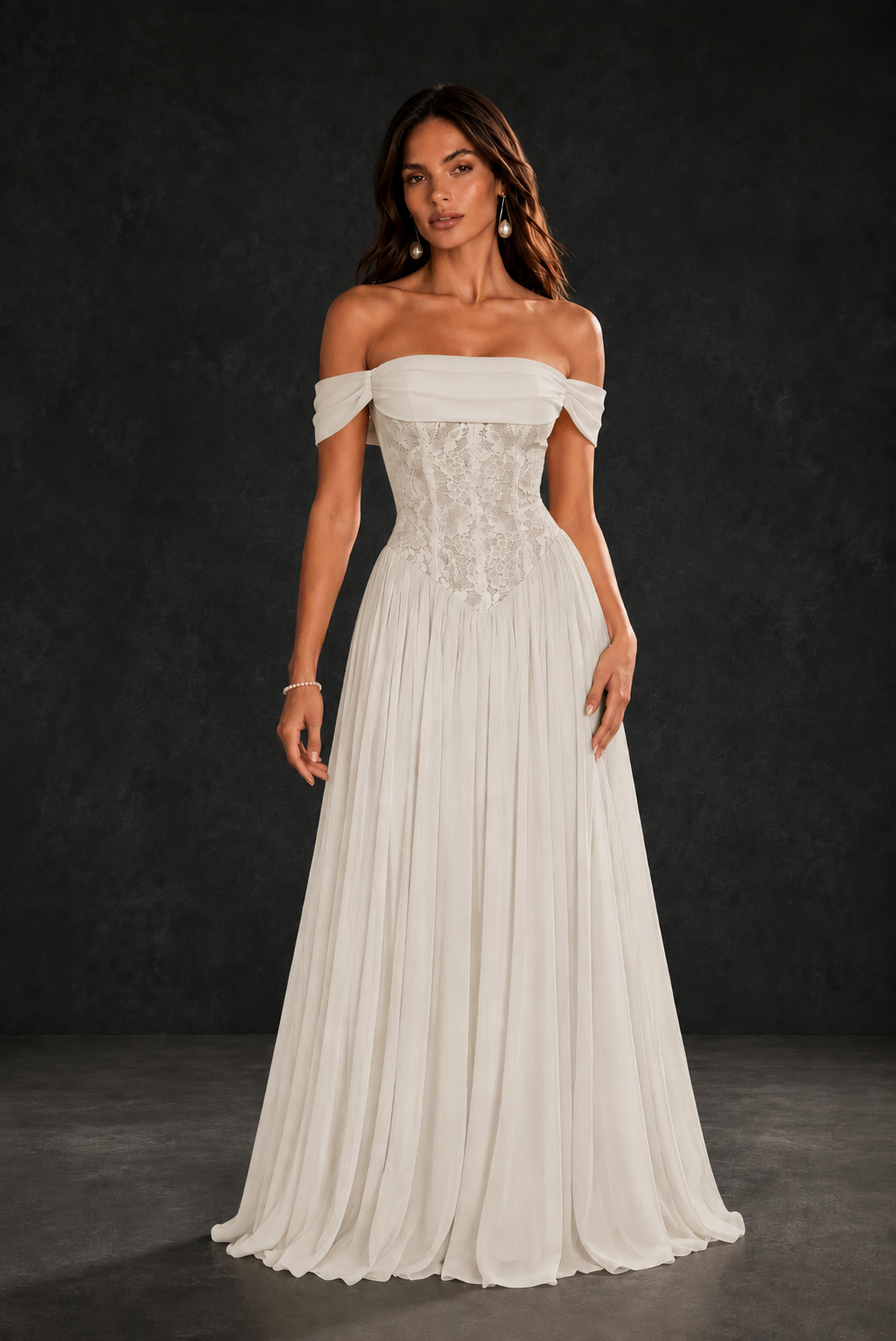 BOLODOO Ivory Off-Shoulder Lace Corset Tulle Maxi Dress - Ivory