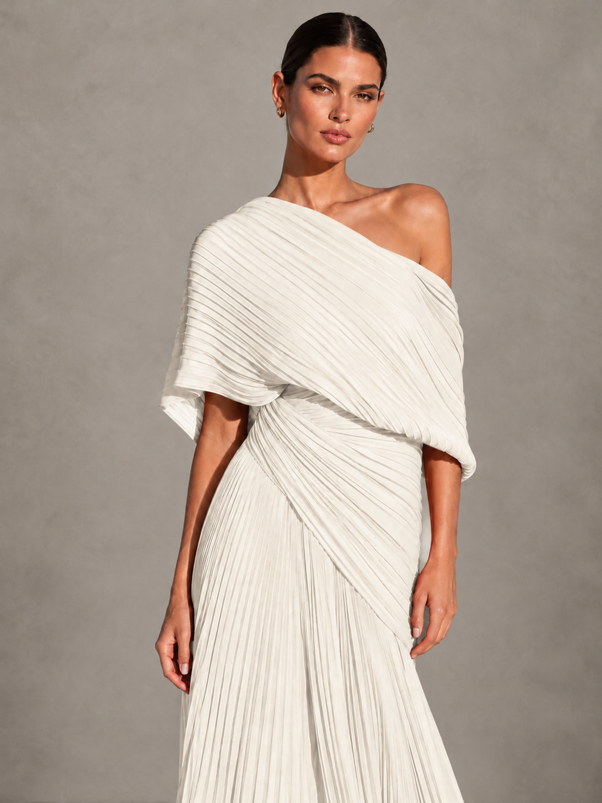 BOLODOO Ivory One-Shoulder Pleated Cape Evening Gown with Train - Ivory - Ivory (3)