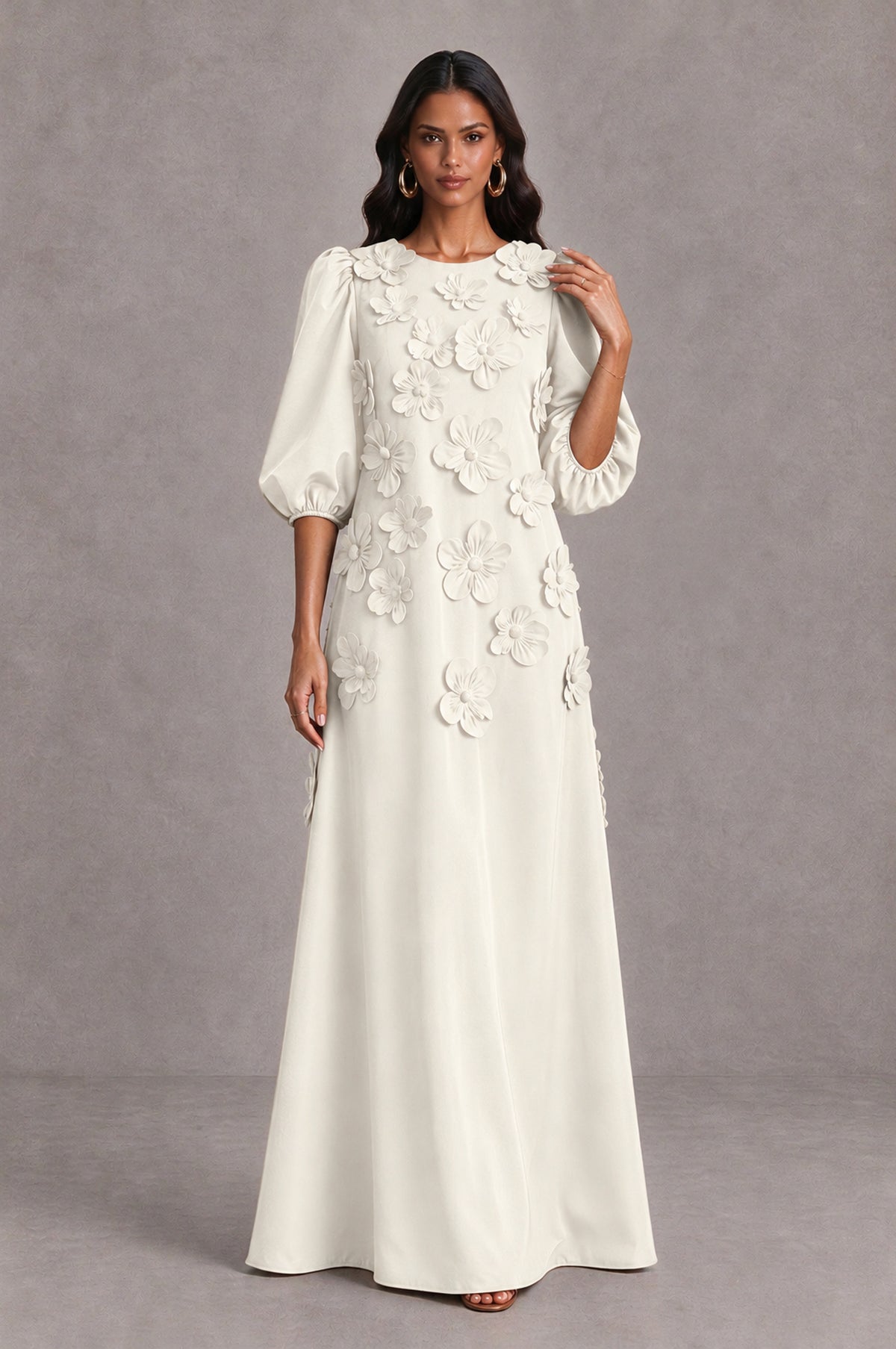 BOLODOO Ivory Floral Applique Puff Sleeve A-Line Evening Dress - Ivory - Ivory (3)
