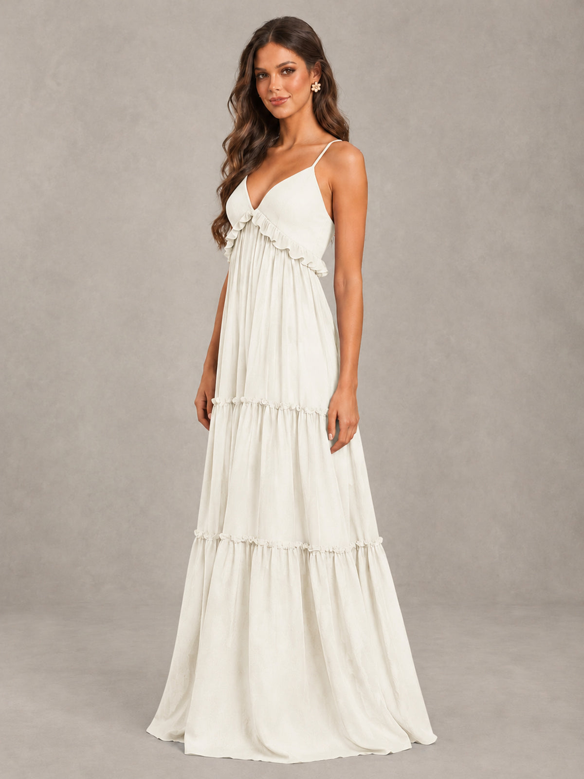 BOLODOO Ivory Tiered V-Neck Lace-Up Back Bridesmaid Dress - Ivory - Ivory (3)