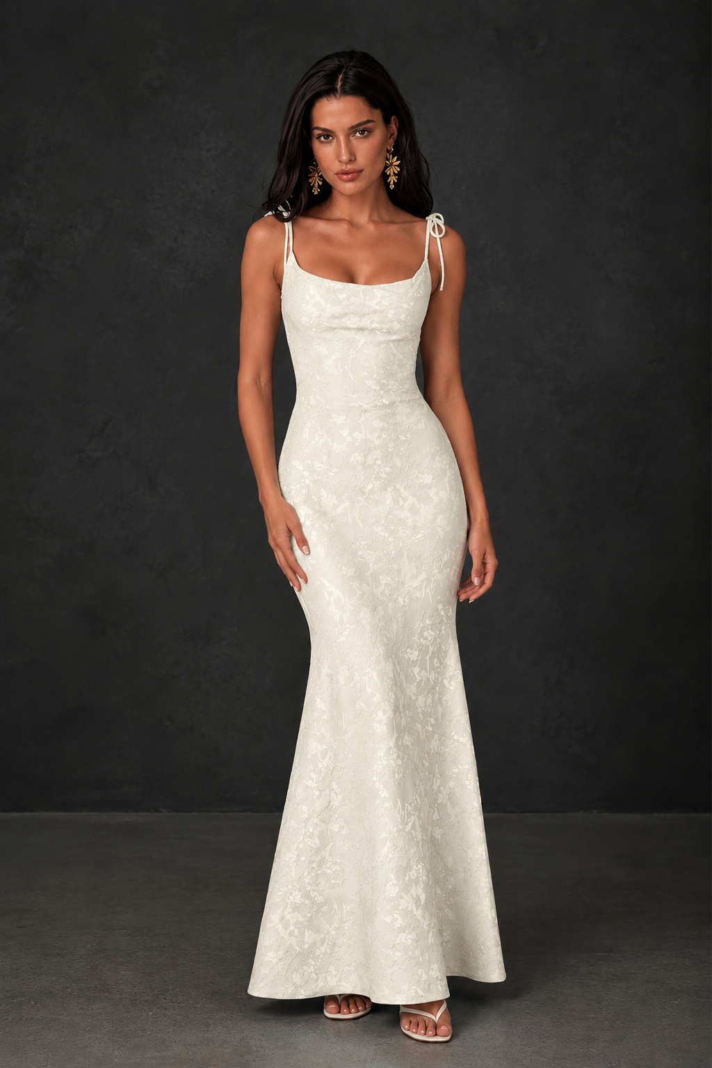 BOLODOO Ivory Scoop Neck Tie Strap Lace-Up Back Floral Jacquard Mermaid Maxi Dress - Ivory