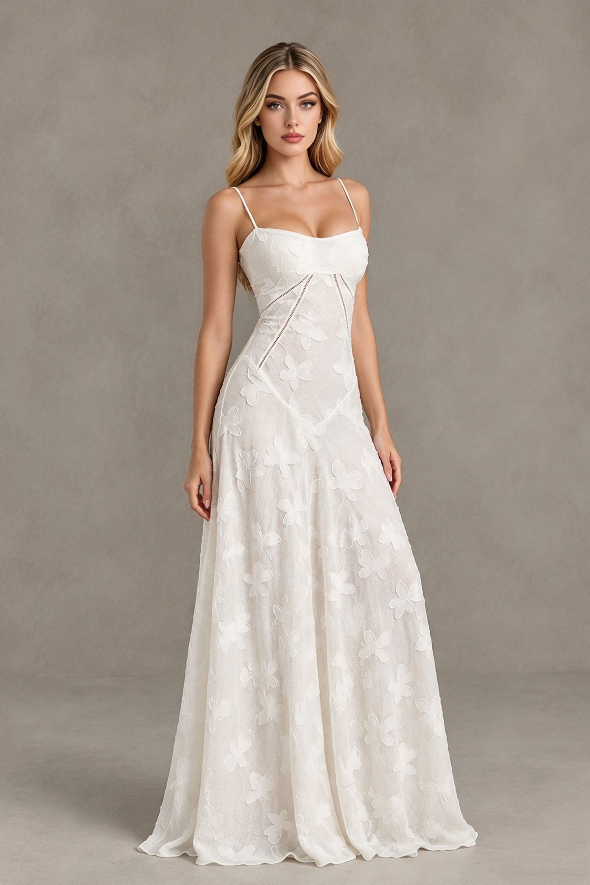 BOLODOO Ivory Floral Lace Wedding Guest Dress Spaghetti Straps Prom Dress - Ivory - Ivory (3)