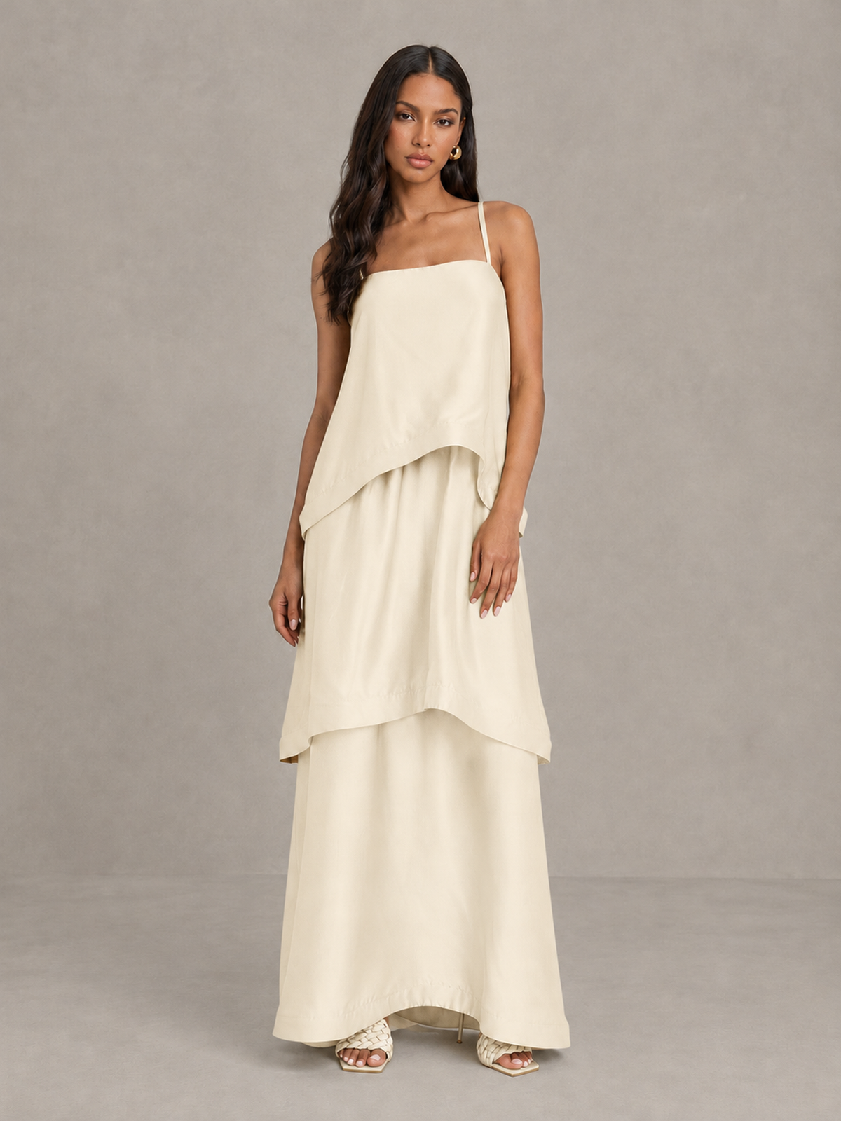 BOLODOO Ivory Satin Tiered Maxi Dress with Spaghetti Straps - Ivory
