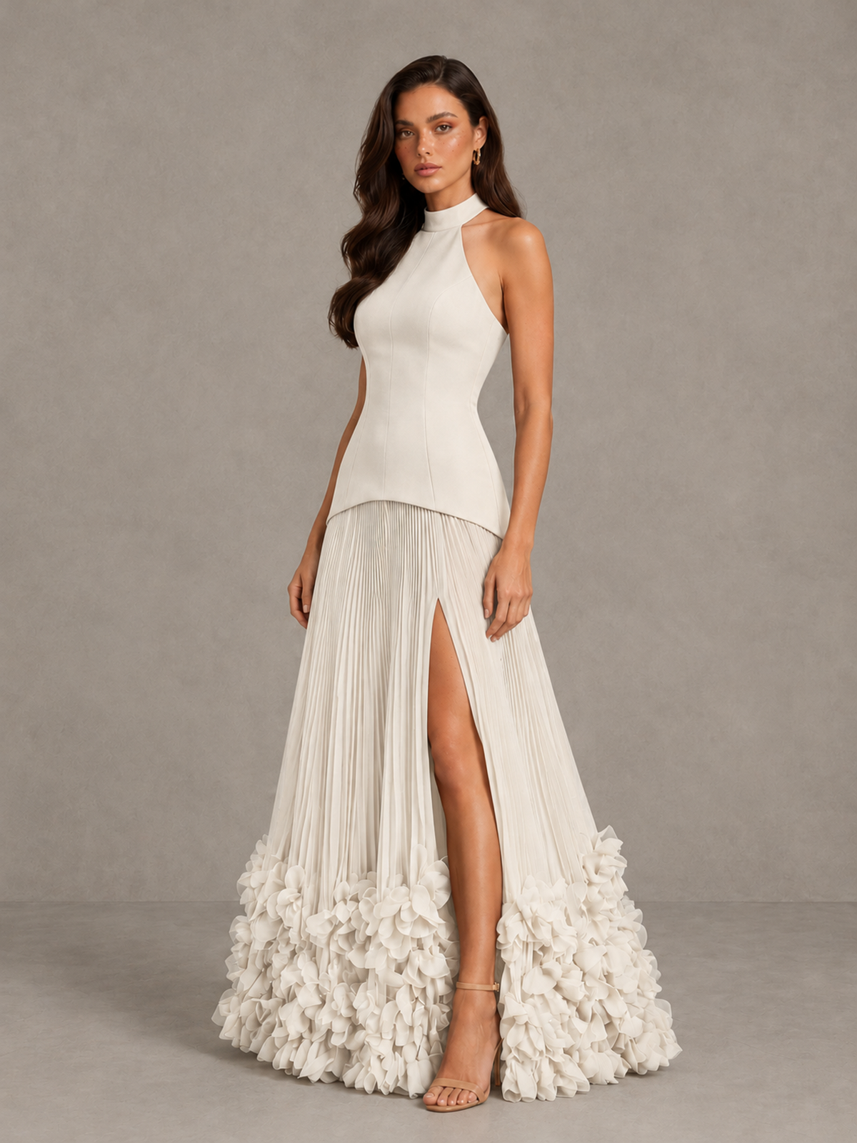 BOLODOO Ivory Halter Neck Floor-Length Evening Gown with High Slit & 3D Floral Hem - Ivory - Ivory (3)