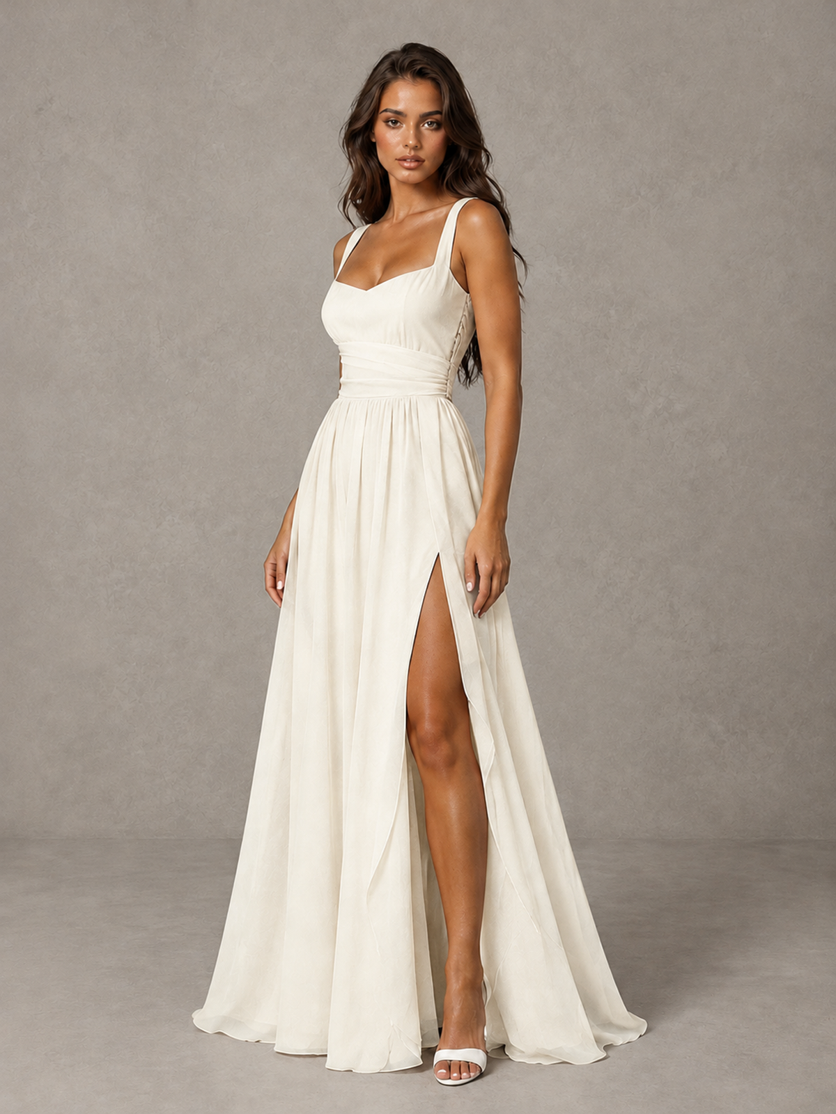 BOLODOO Ivory A-Line Bridesmaid Dress with High Slit & Lace-Up Back - Ivory - Ivory (3)