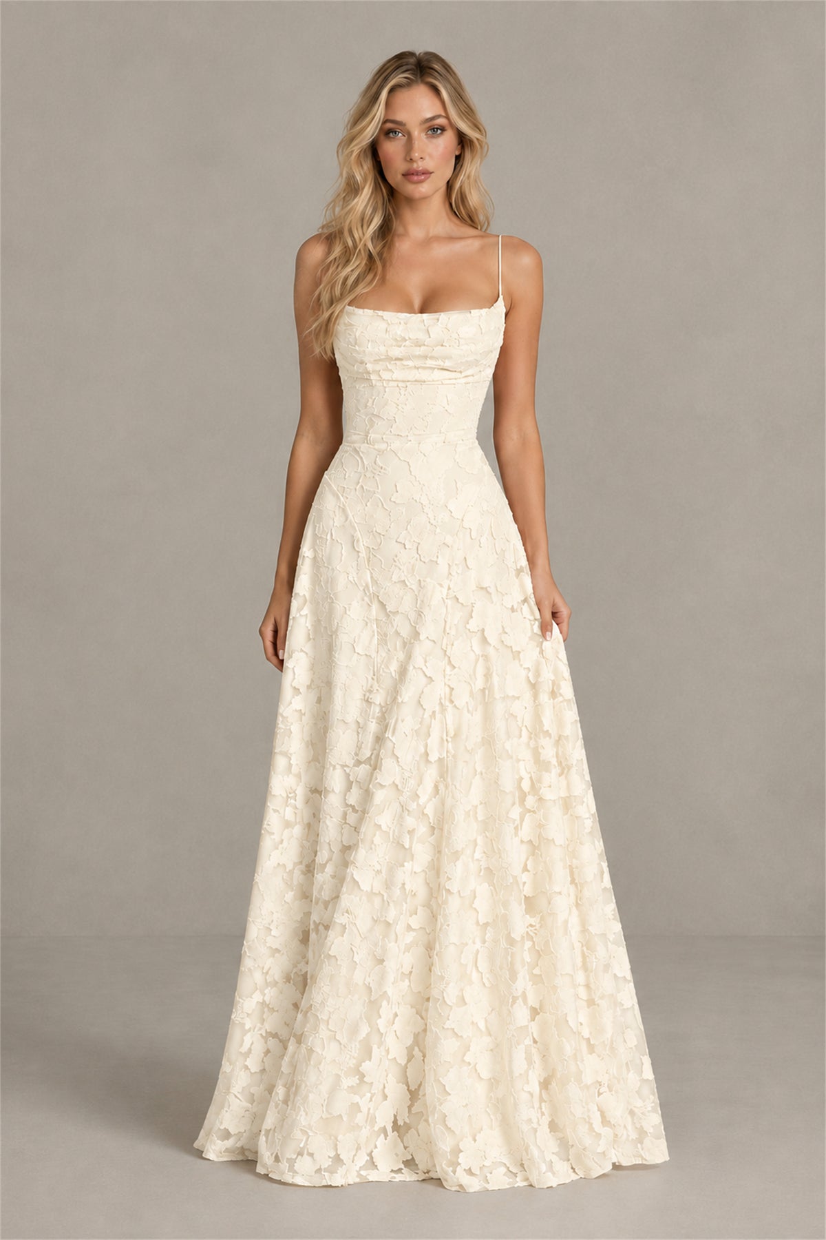 BOLODOO Ivory Floral Appliqué Lace-Up Back Maxi Dress - Ivory