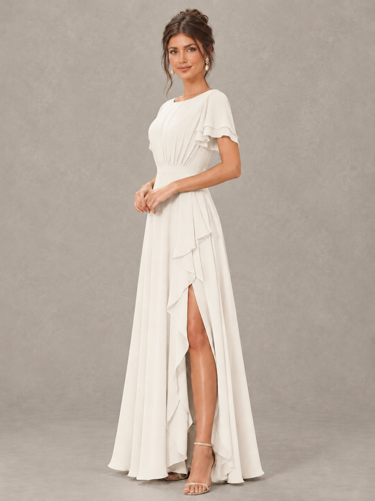 BOLODOO Ivory Flutter Sleeve Ruffle Bridesmaid Dress with Slit - Ivory - Ivory (3)