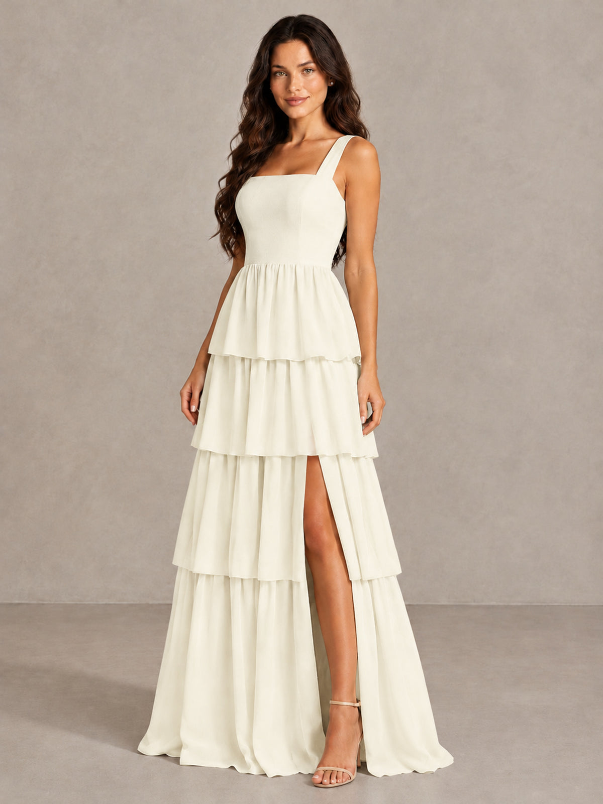 BOLODOO Ivory Square Neck Tiered Bridesmaid Dress with Slit - Ivory - Ivory (3)