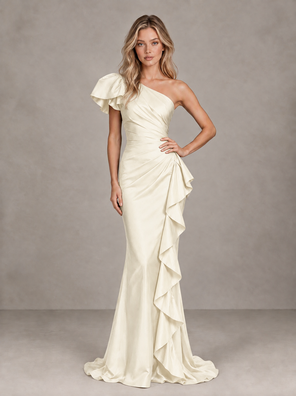 BOLODOO Ivory One-Shoulder Satin-Look Mermaid Evening Dress with Ruffles - Ivory - Ivory (3)
