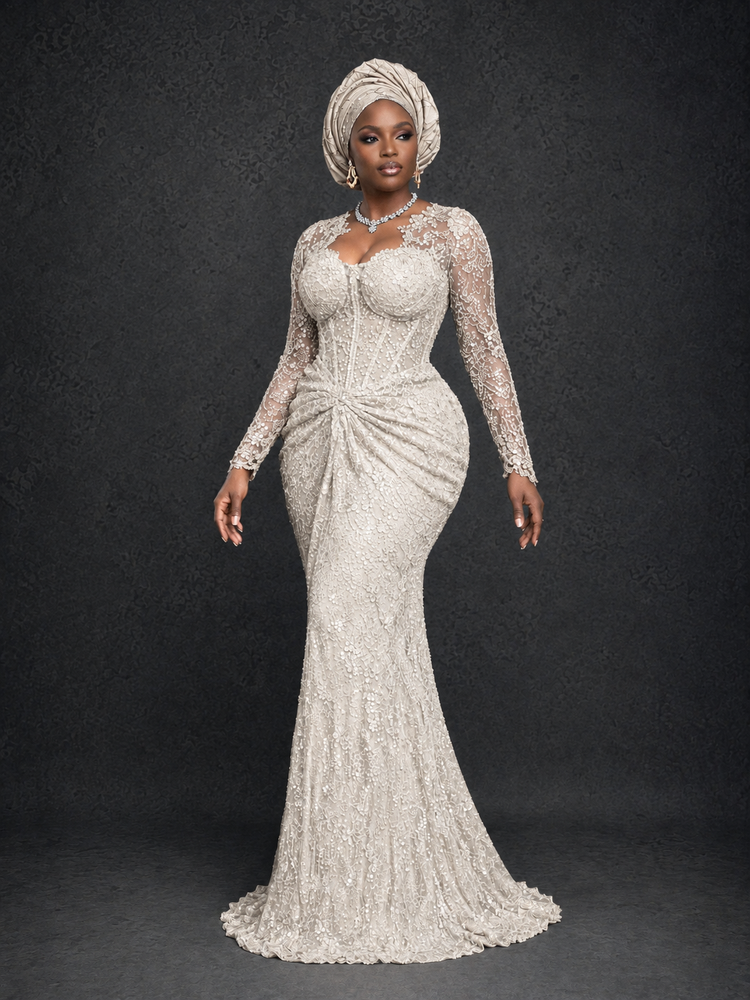 BOLODOO Ivory Beaded Lace Long Sleeve Mermaid Gown Sweetheart | Mother of the Bride - Ivory