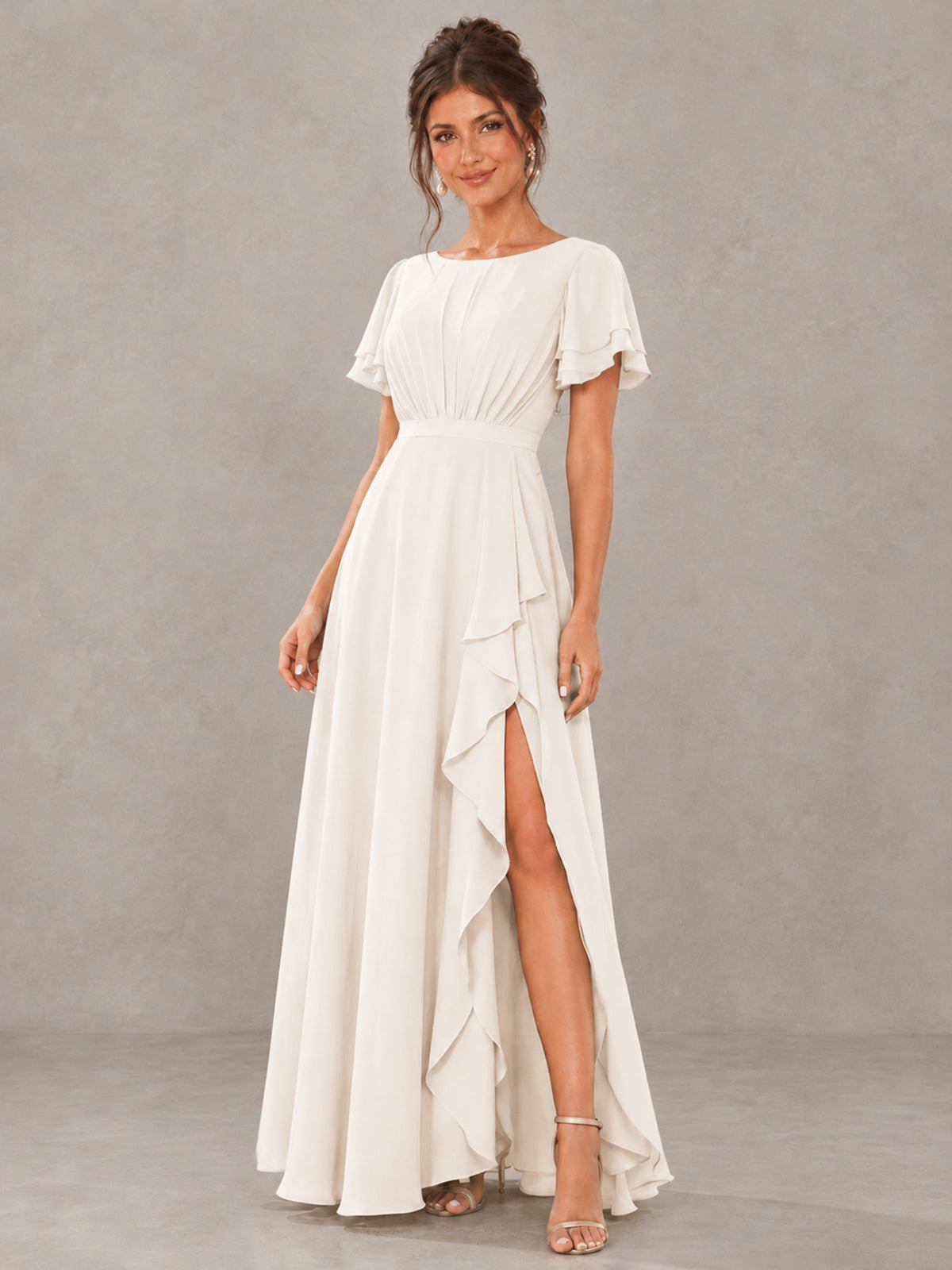 BOLODOO Ivory Flutter Sleeve Ruffle Bridesmaid Dress with Slit - Ivory - Ivory (4)