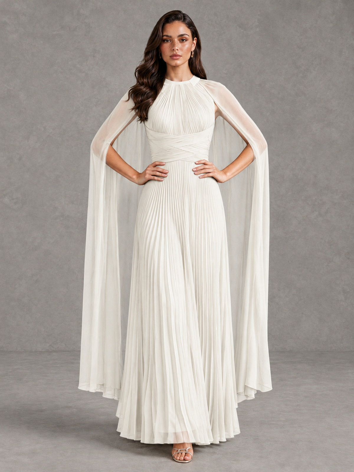 BOLODOO Ivory Pleated Cape Maxi Wedding Guest Dress - Ivory - Ivory (4)