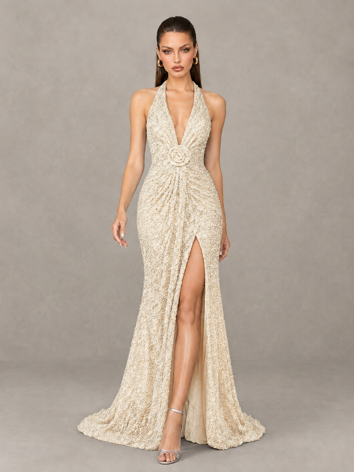 BOLODOO Ivory Sequin Halter Open Back Evening Gown with High Slit - Ivory - Ivory (4)