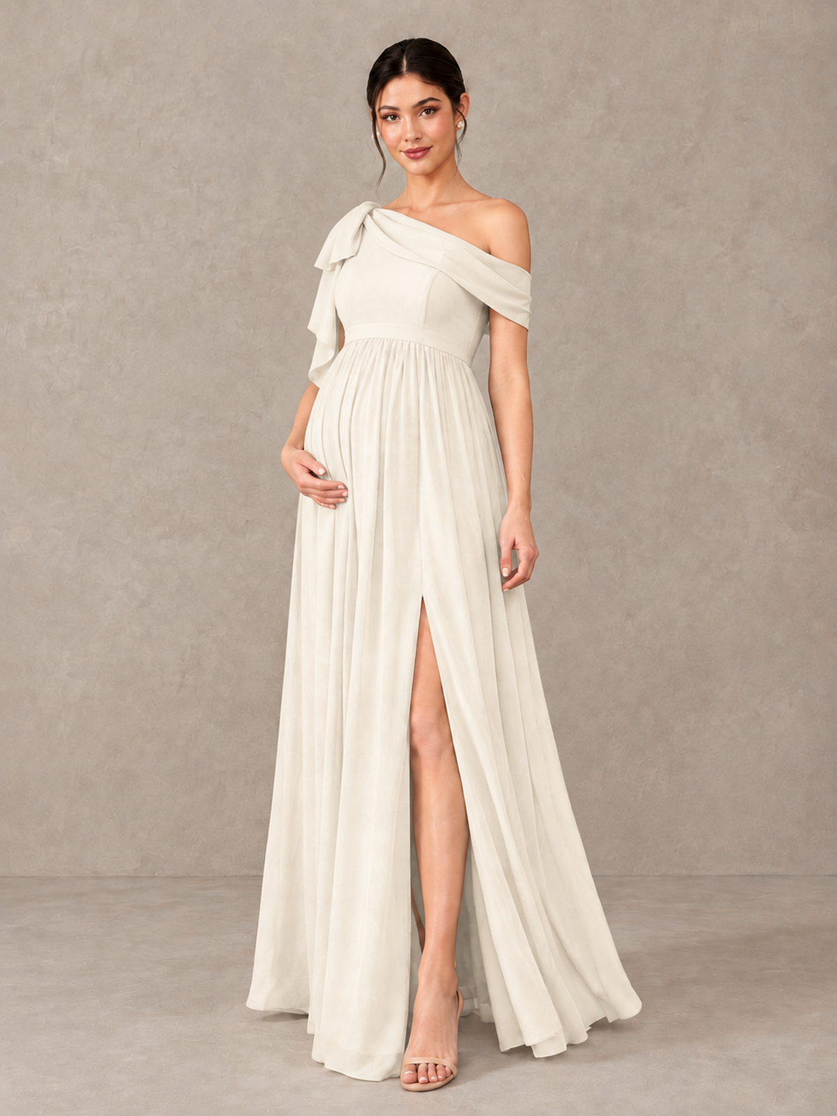 BOLODOO Ivory One-Shoulder Maternity Bridesmaid Dress with Slit - Ivory - Ivory (4)