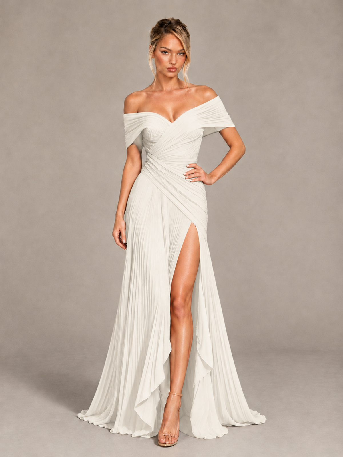 BOLODOO Ivory Off-Shoulder Ruched Pleated Maxi Dress with High Slit - Ivory - Ivory (4)