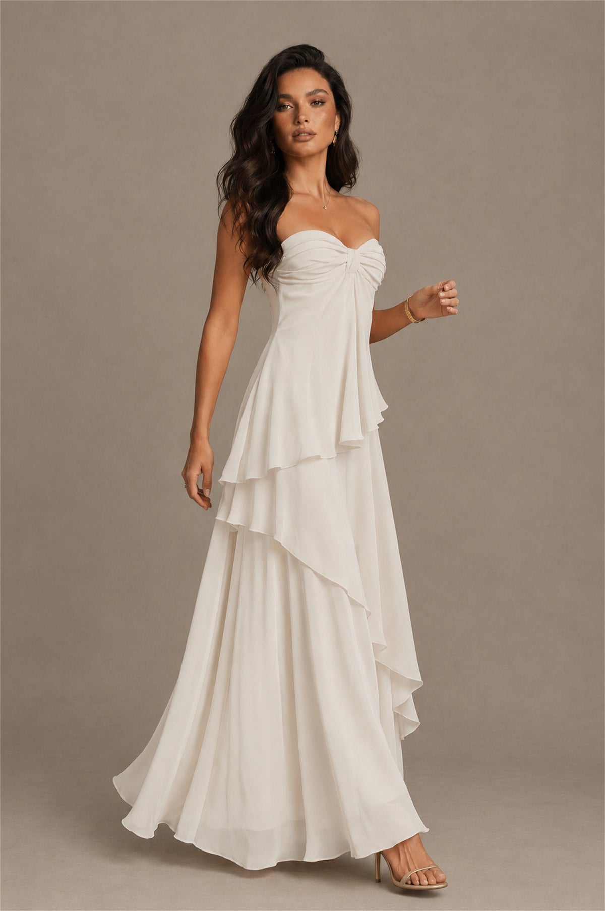 BOLODOO Ivory Strapless Sweetheart Knotted Chiffon Tiered Maxi Dress with Lace-Up Back - Ivory