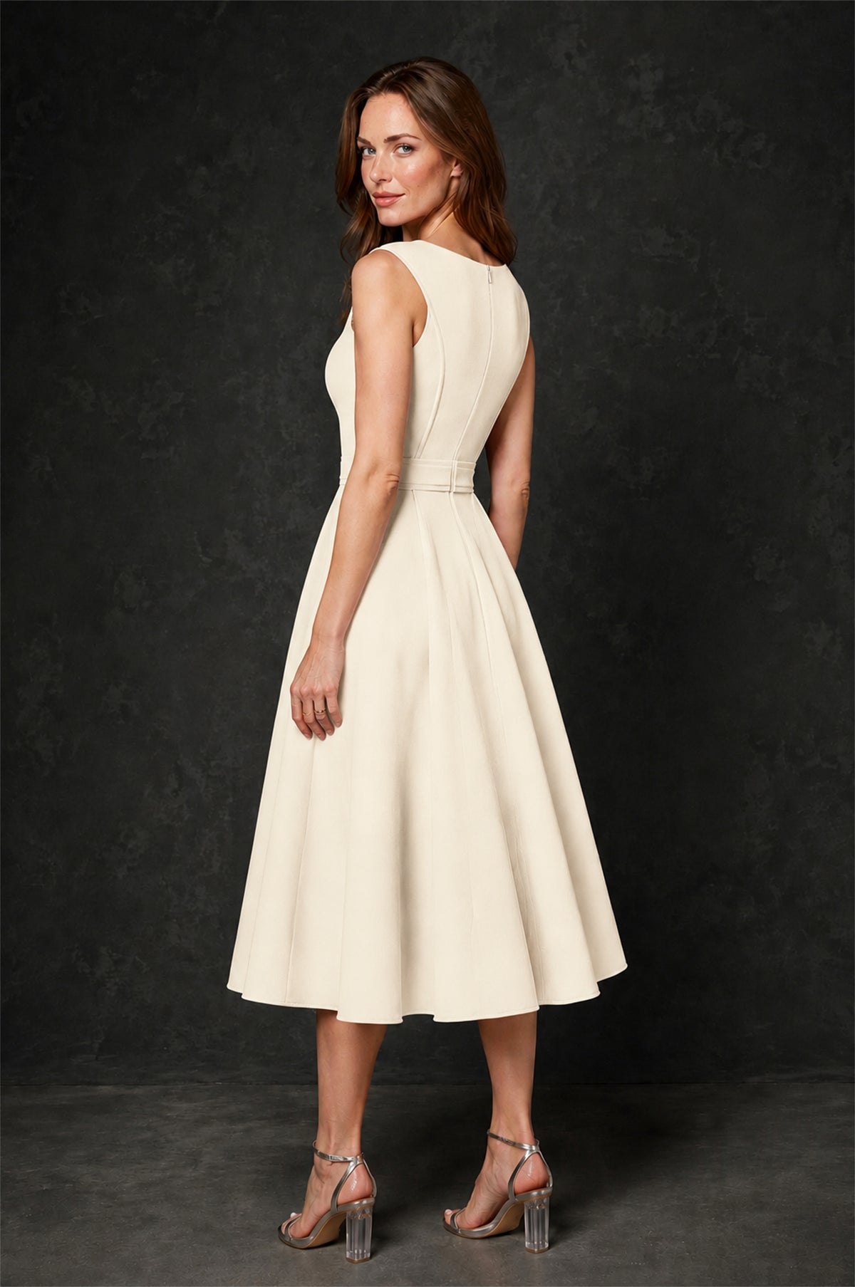 BOLODOO Ivory 3D Rosette Appliqué 3/4 Sleeve Jacket & V-Notch Sleeveless A-Line Tea-Length Two-Piece Dress Set - Ivory