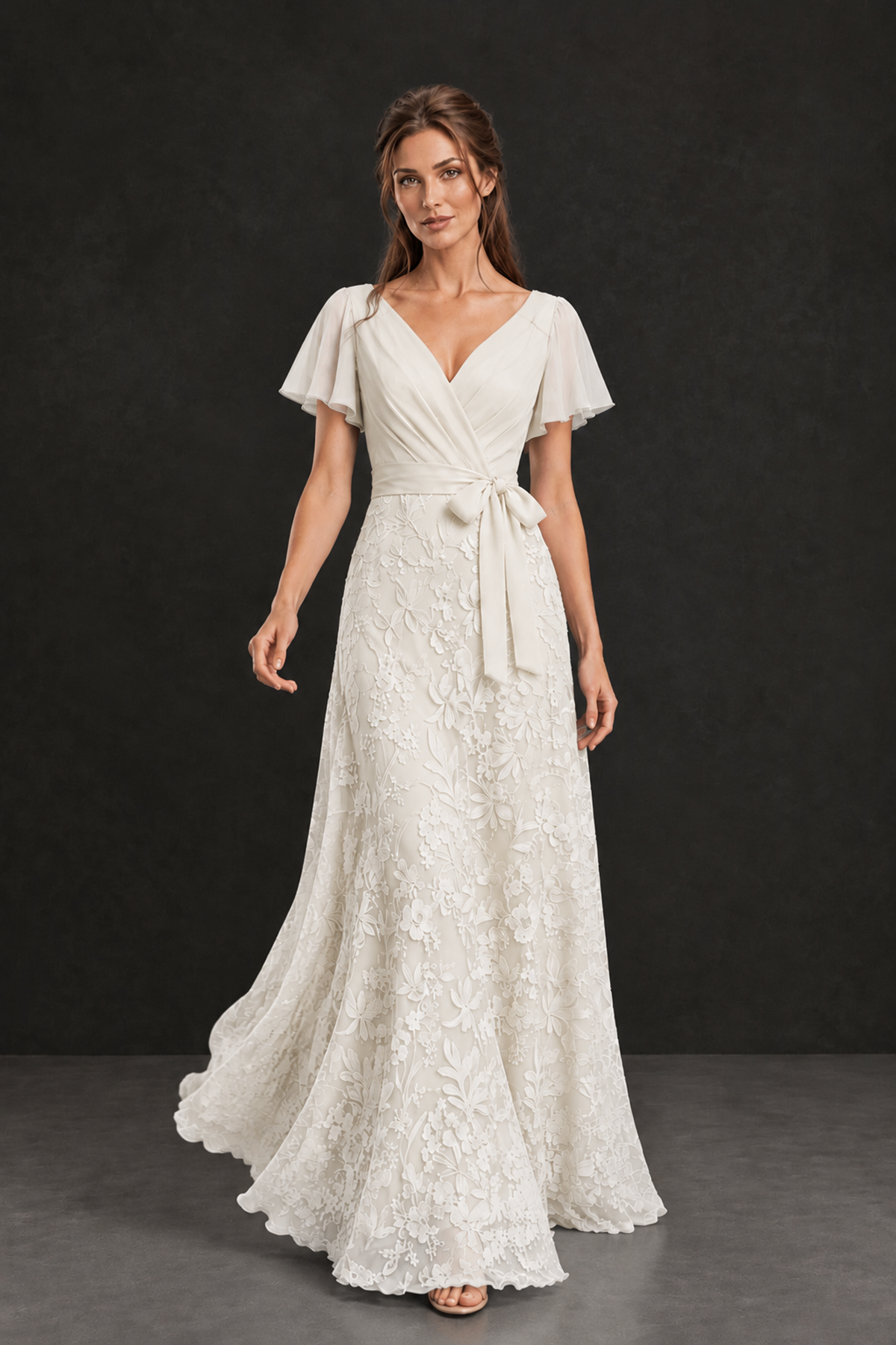 BOLODOO Ivory Flutter Sleeve Lace Mother of the Bride Dress - Ivory