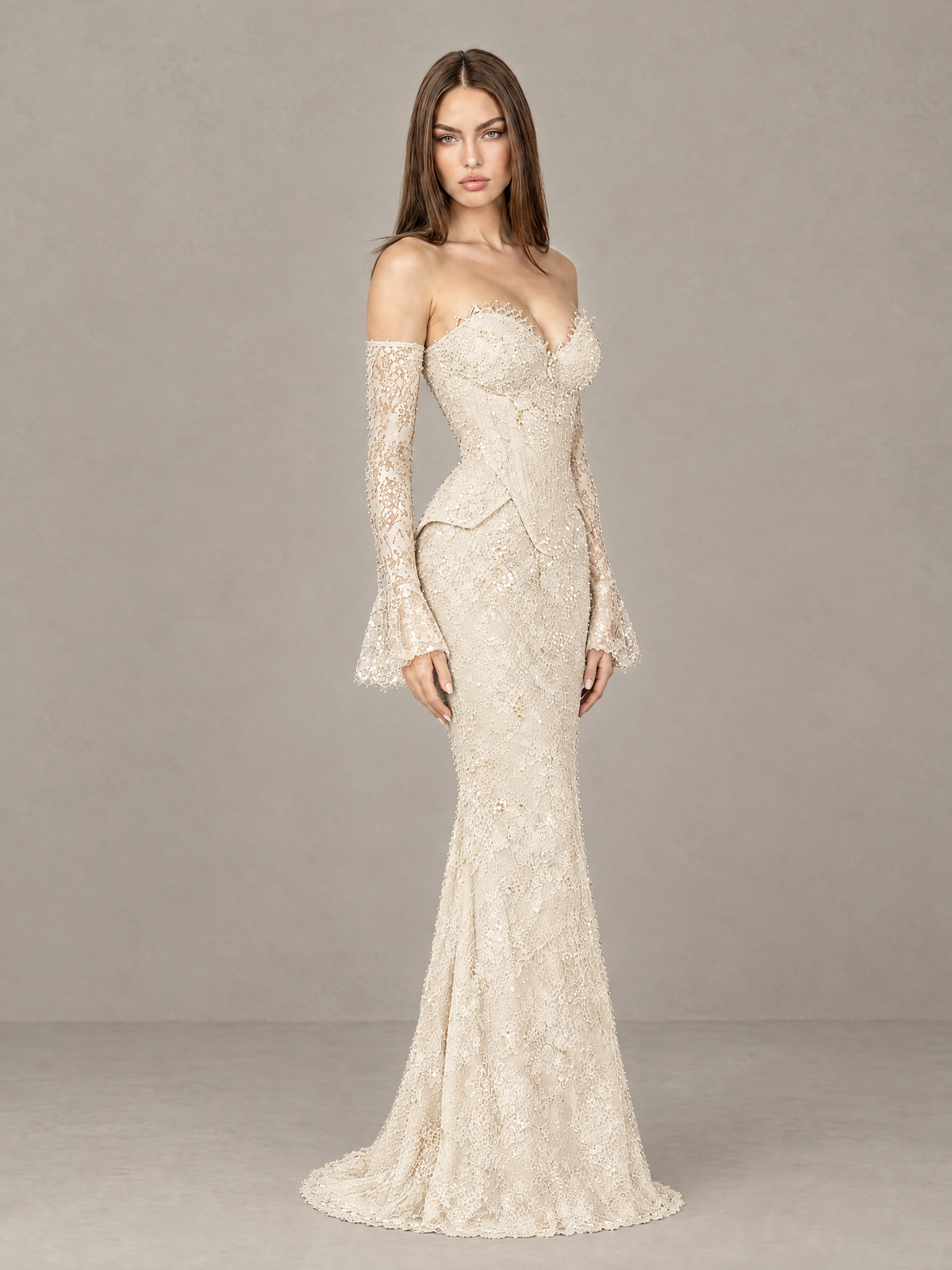 BOLODOO Ivory Lace Off-the-Shoulder Long Sleeve Mermaid Evening Gown - Ivory - Ivory (4)