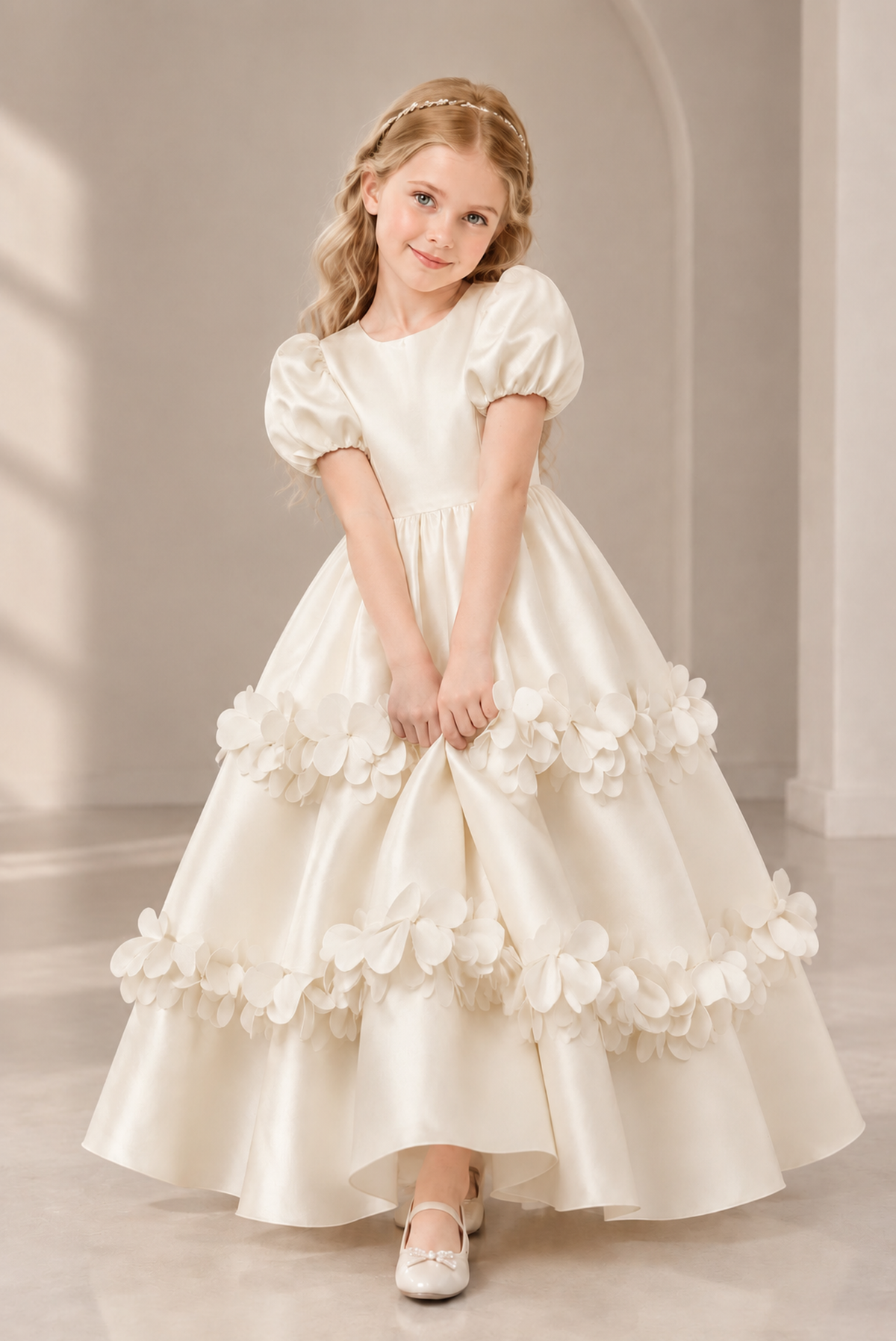 BOLODOO Ivory Satin Flower Girl Dress with Floral Appliques - Ivory