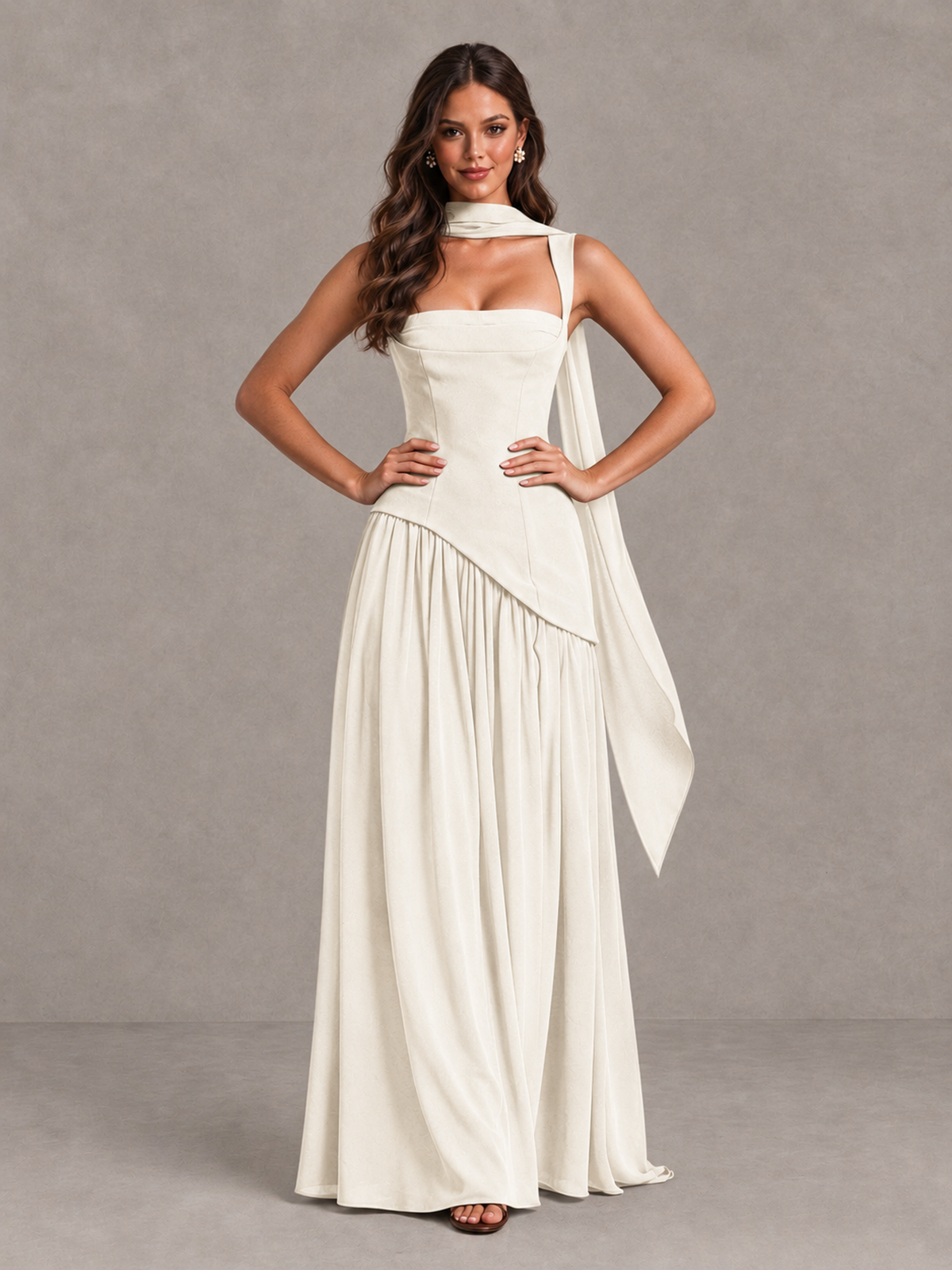 BOLODOO Ivory Brown Scarf Bridesmaid Dress with Lace-Up Back - Ivory - Ivory (4)