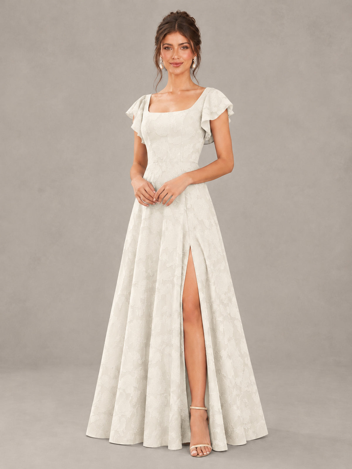 BOLODOO Ivory Floral Flutter Sleeve Bridesmaid Dress with Slit - Ivory - Ivory (4)