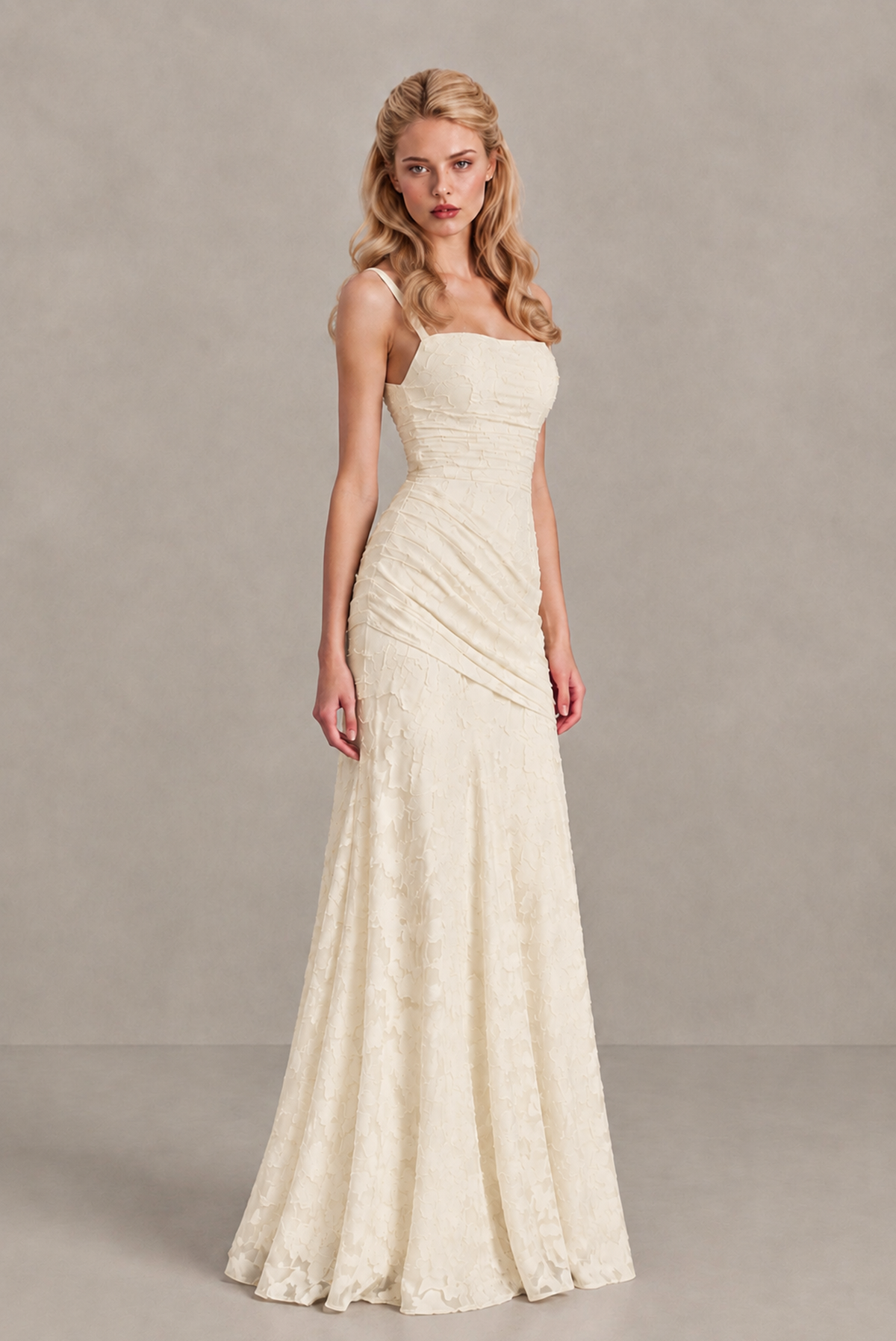 BOLODOO Ivory Ruched Floral Maxi Dress with Lace-Up Back - Ivory