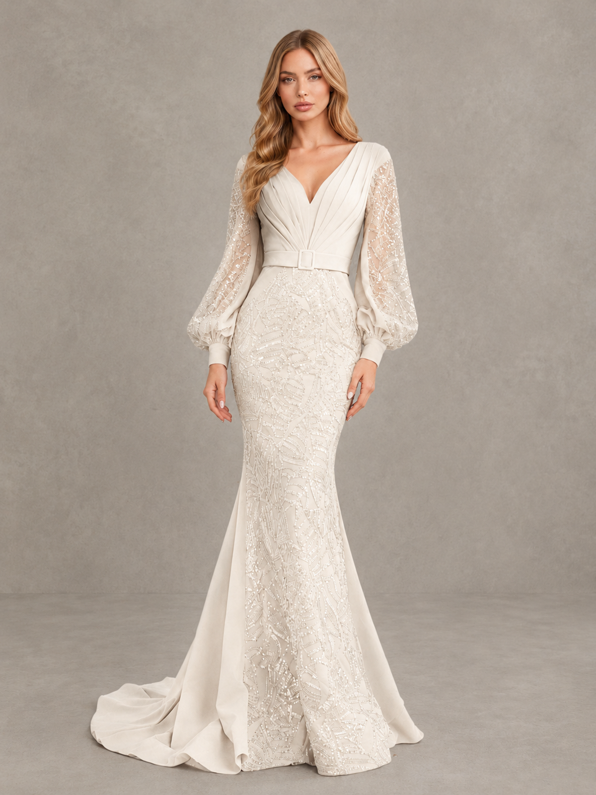BOLODOO Ivory Sequin Long Bishop Sleeve Mermaid Evening Dress - Ivory - Ivory (4)