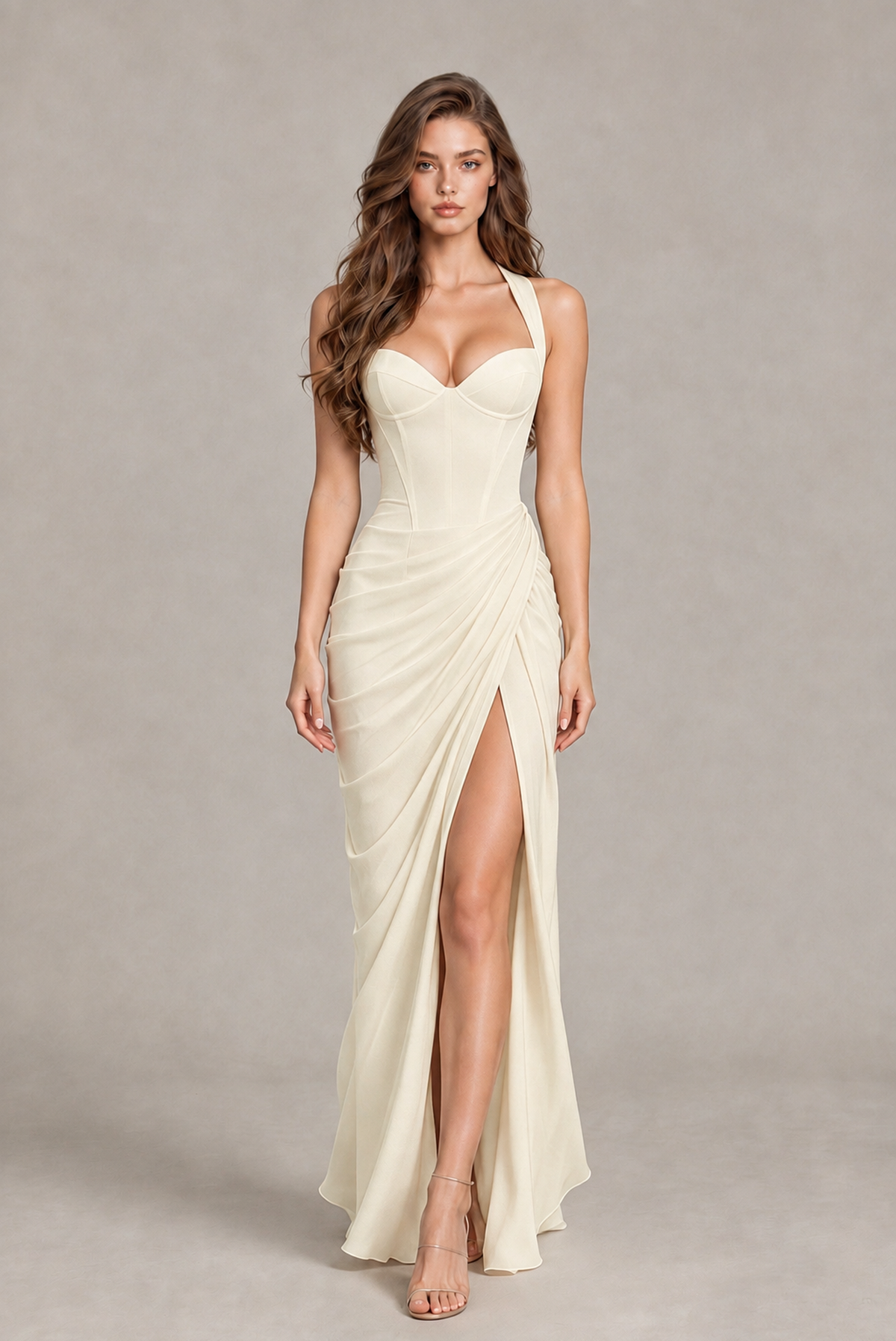 BOLODOO Chocolate Ivory Sweetheart Maxi Dress with High Slit - Ivory