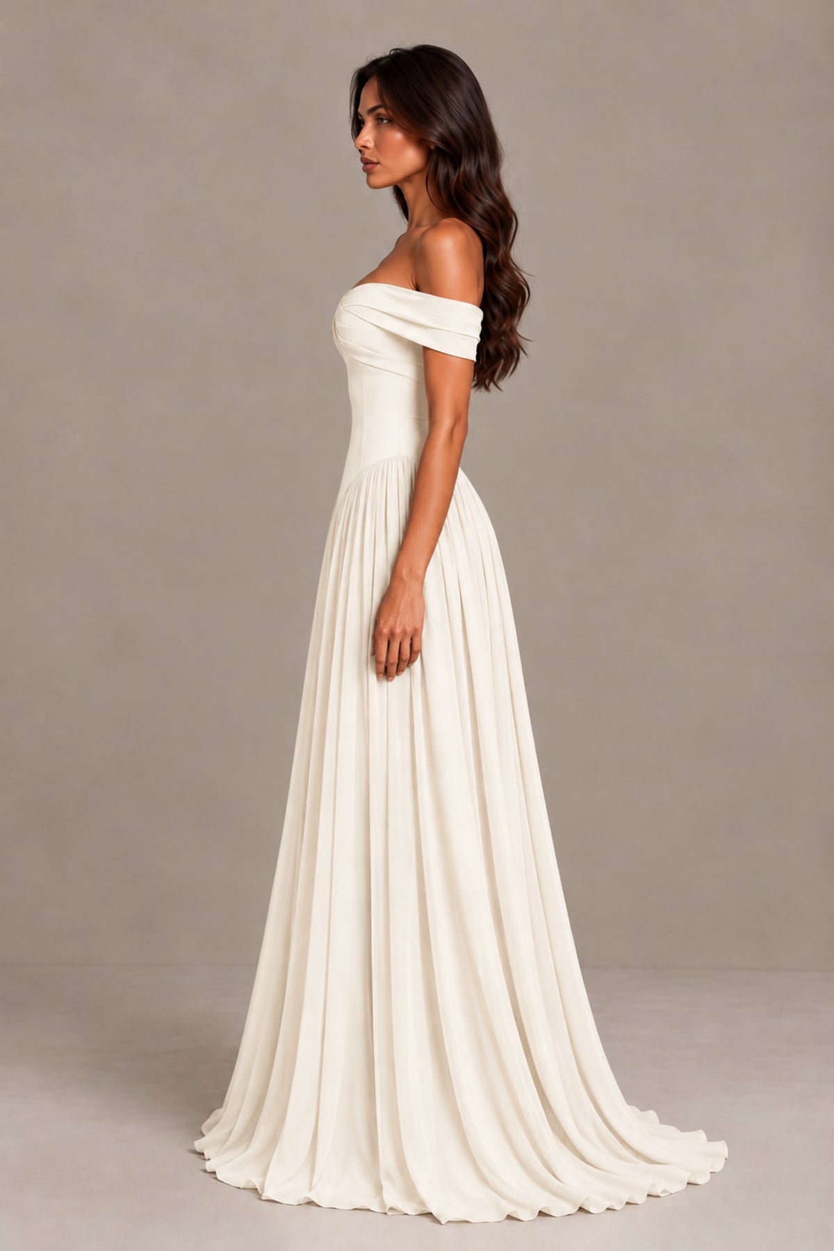 BOLODOO Ivory Off-Shoulder Sweetheart Corset Pleated Chiffon Maxi Dress - Ivory - Ivory (4)