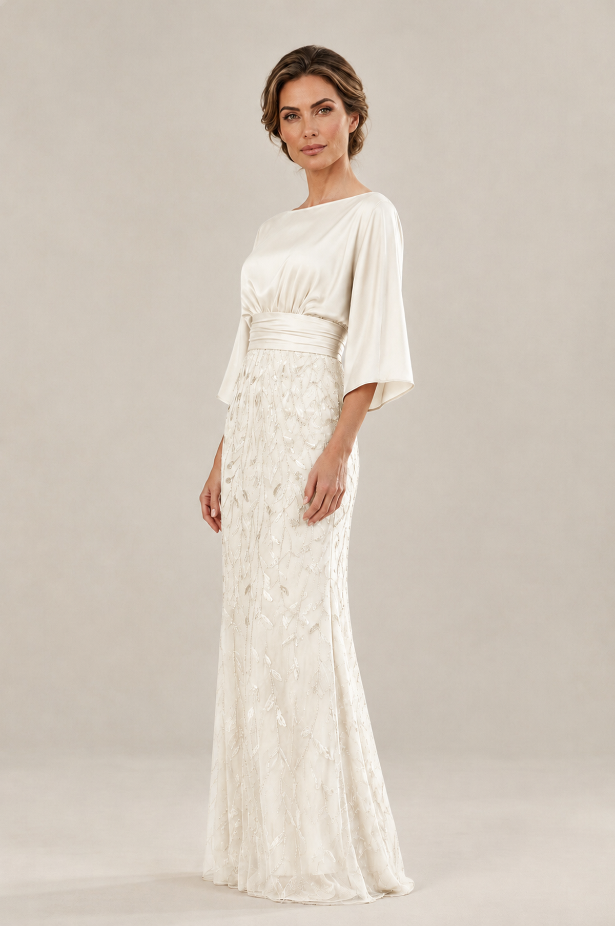 BOLODOO Ivory Mother of the Bride Dress with Kimono Sleeves, Satin Bodice & Sequin Embroidered Mermaid Floor-Length Gown - Ivory - Ivory (4)