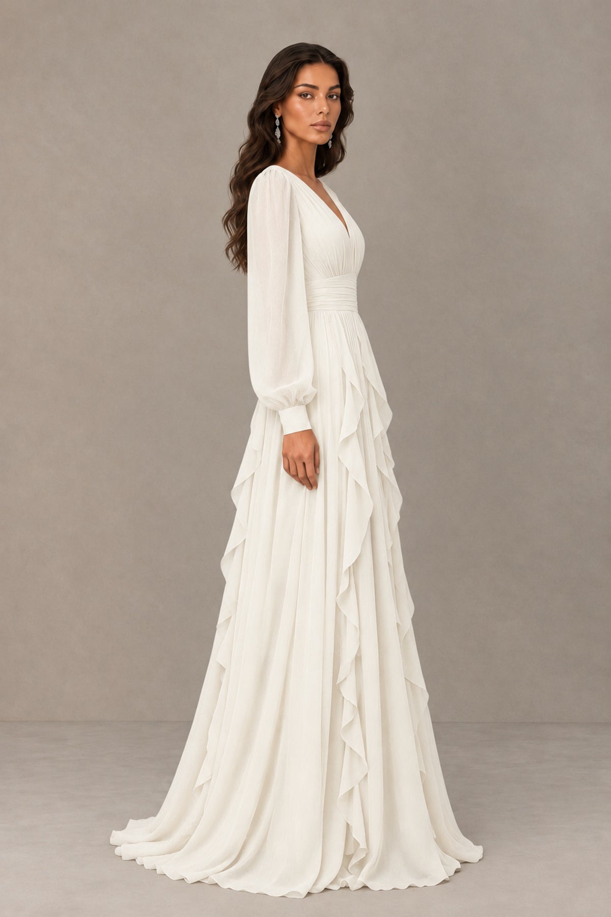 BOLODOO Ivory Long Sleeve V-Neck Ruffle Maxi Dress - Ivory - Ivory (4)