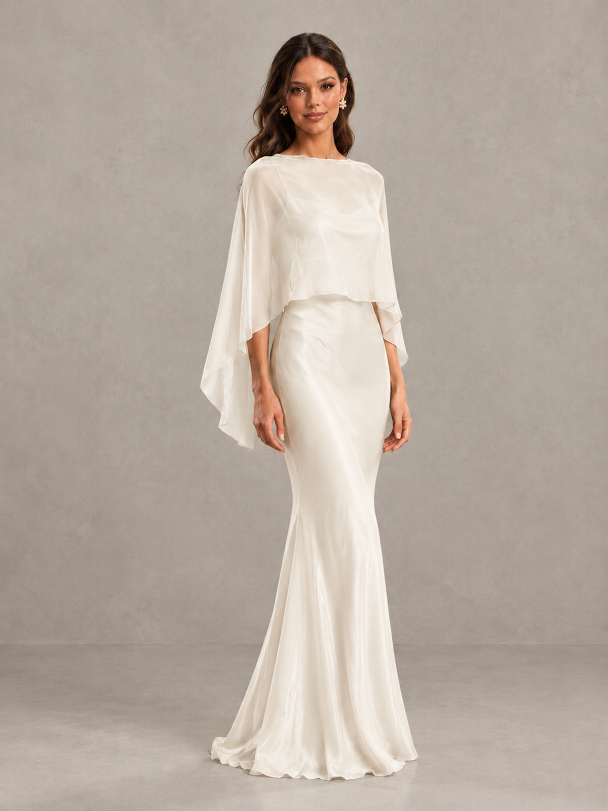 BOLODOO Ivory Satin Mermaid Bridesmaid Dress with Chiffon Cape - Ivory - Ivory (4)
