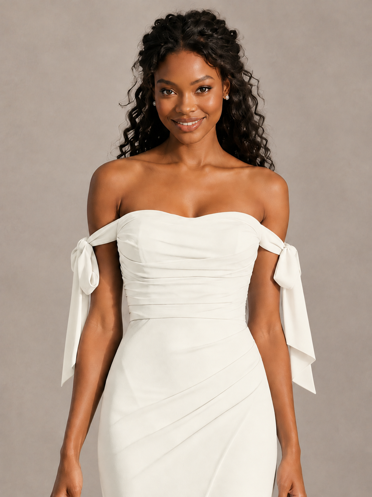 Ivory Off-Shoulder Bow Bridesmaid Dress with Slit - Ivory - Ivory (4)
