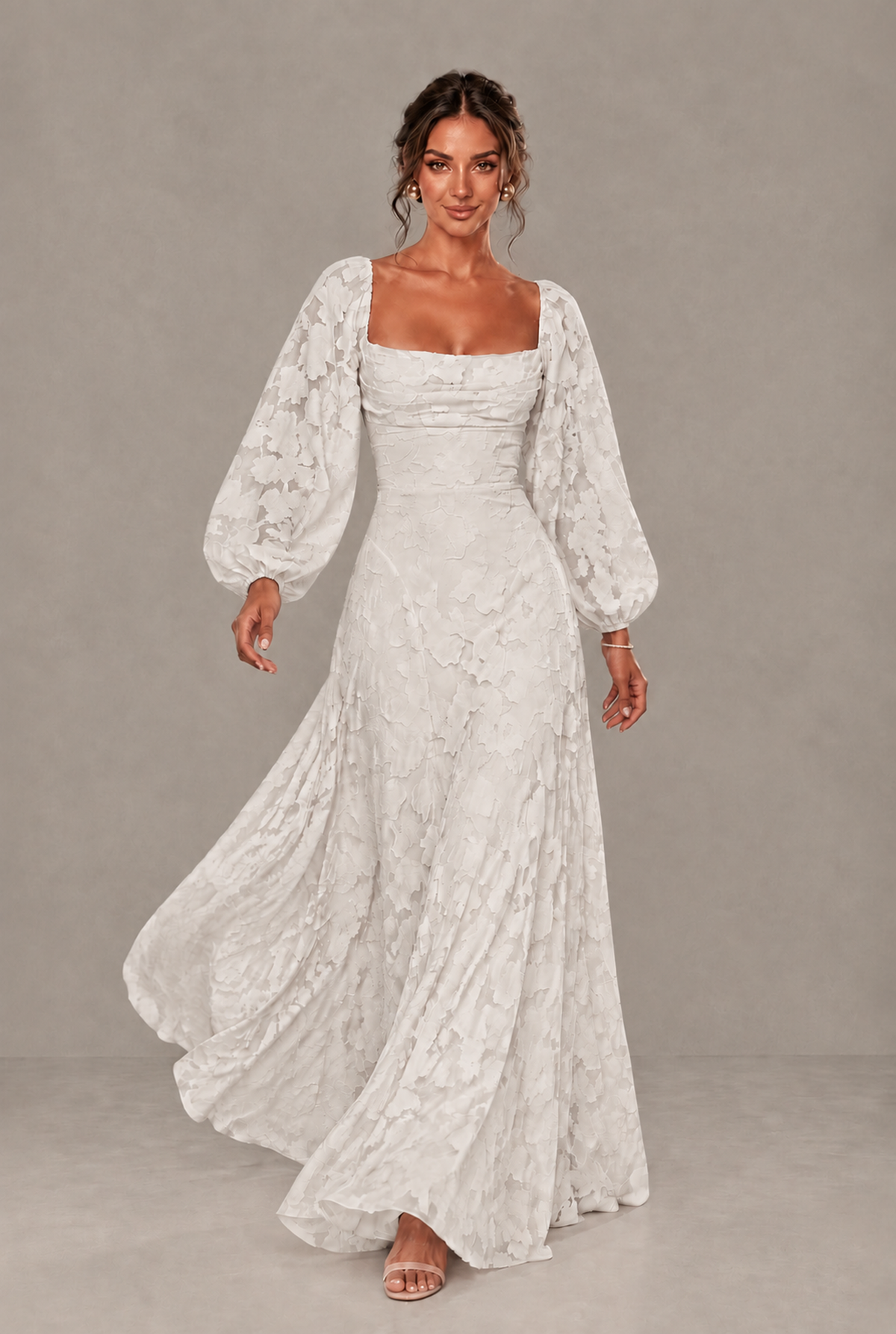 BOLODOO Floral Ivory Long Sleeve A-Line Dress with Lace-Up Back - Ivory
