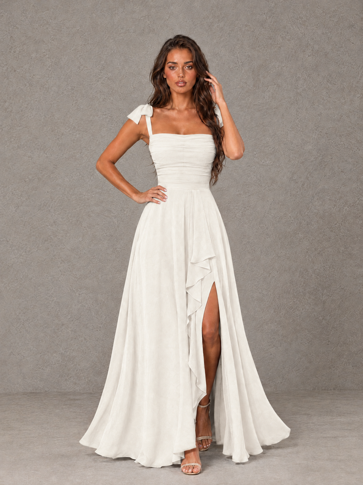BOLODOO Ivory Bow-Strap Bridesmaid Dress with Ruffle Slit - Ivory - Ivory (4)