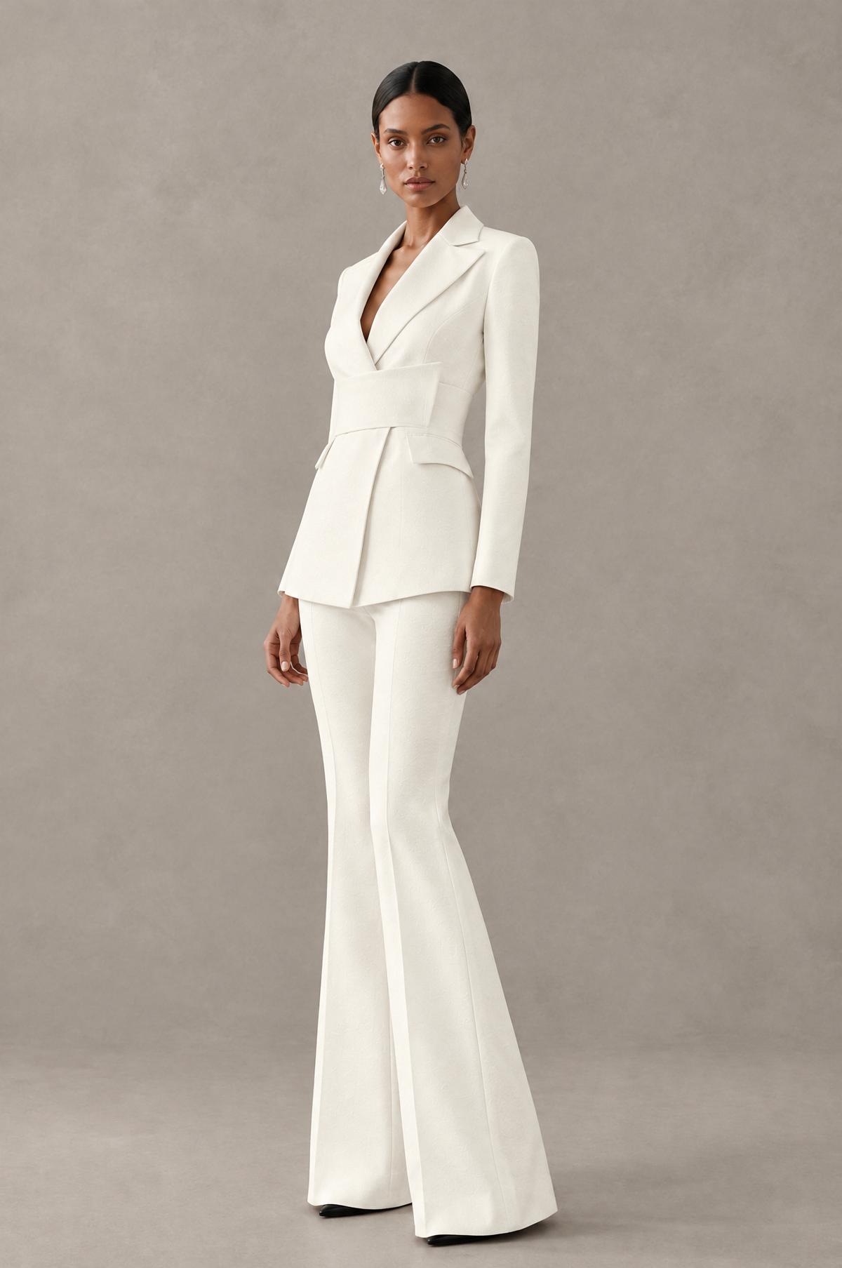 BOLODOO Ivory Two-Piece Pantsuit with Tailored Blazer & Flared Pants - Ivory - Ivory (4)