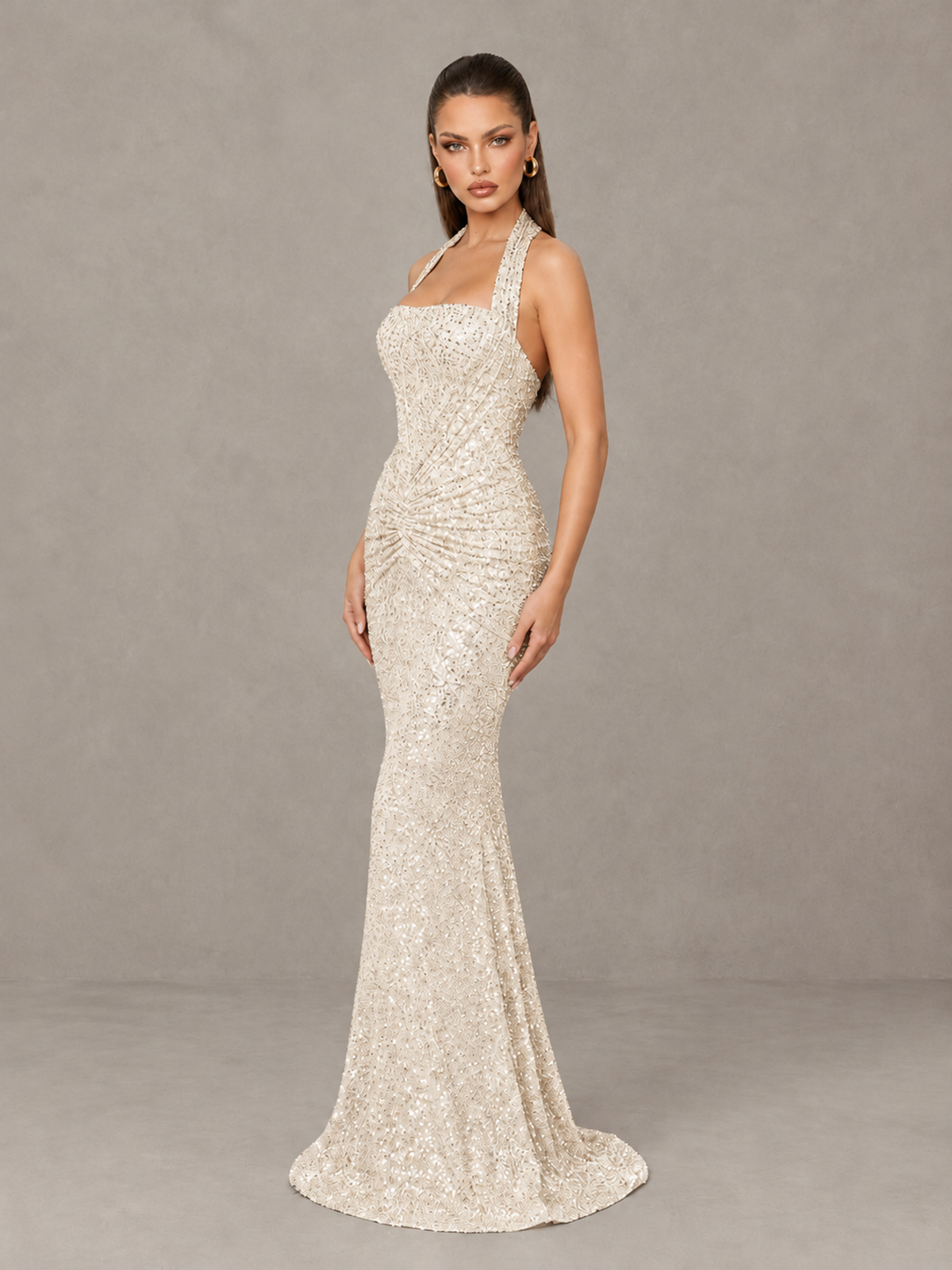BOLODOO Ivory Sequin Halter Mermaid Evening Gown - Ivory - Ivory (4)