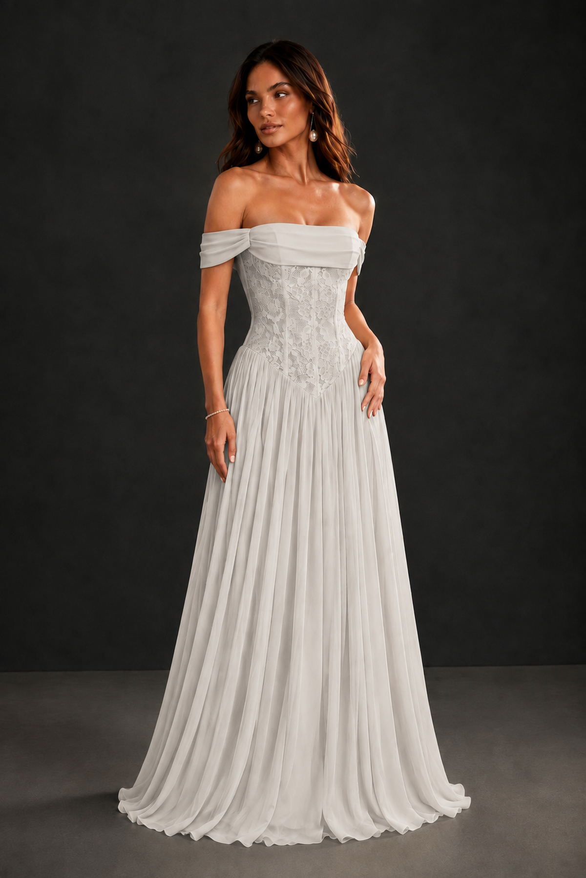 BOLODOO Ivory Off-Shoulder Lace Corset Tulle Maxi Dress - Ivory