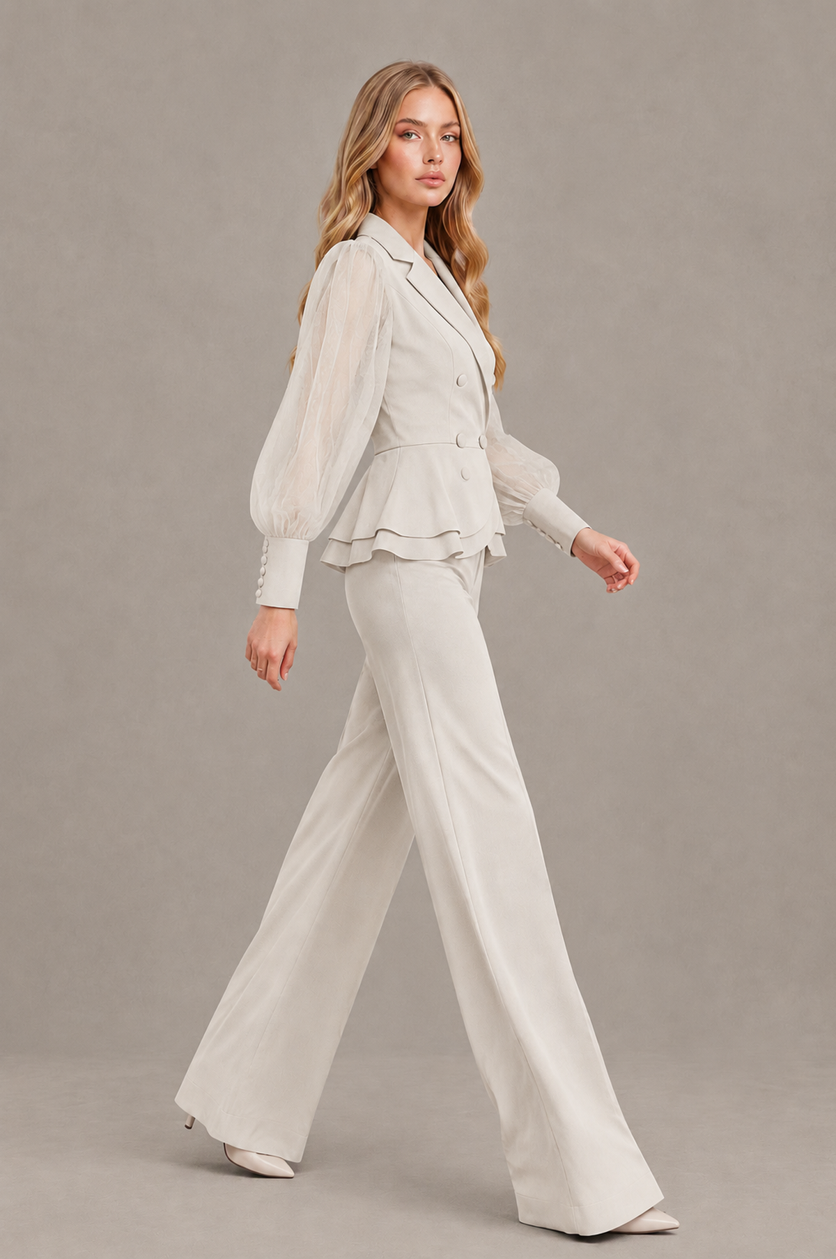 BOLODOO Mint Ivory Peplum Blazer Wide-Leg Pantsuit with Sheer Puff Sleeves - Ivory