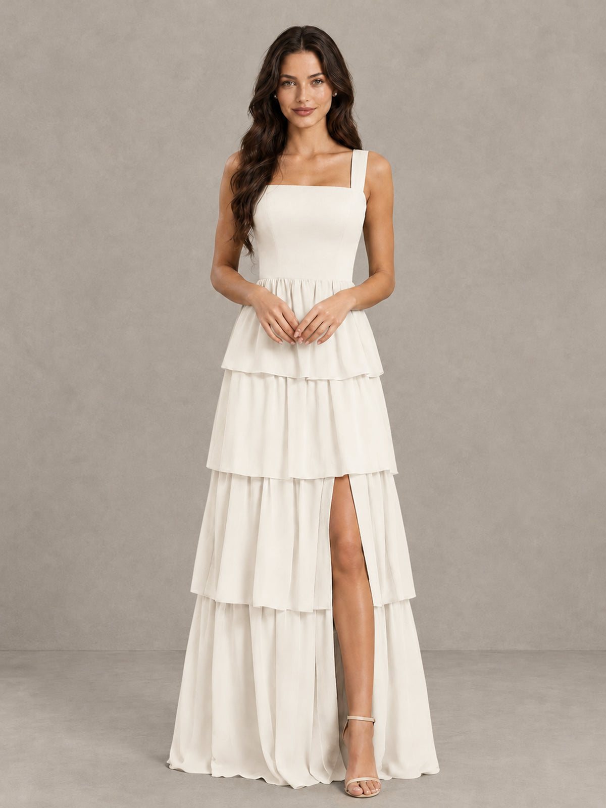 BOLODOO Ivory Square Neck Tiered Bridesmaid Dress with Slit - Ivory - Ivory (4)