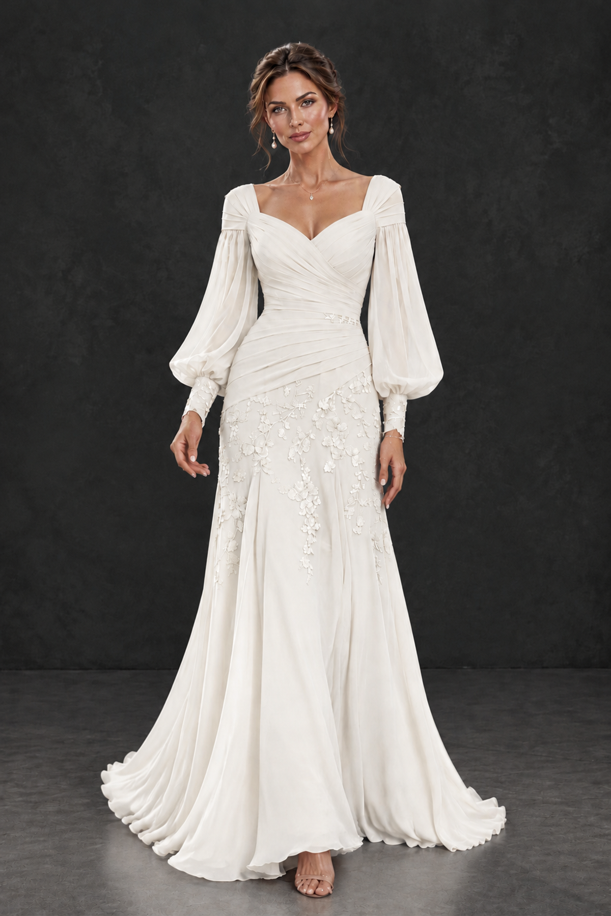 BOLODOO Ivory Long Sleeve Mother of the Bride Dress with Floral Appliqués - Ivory - Ivory (4)