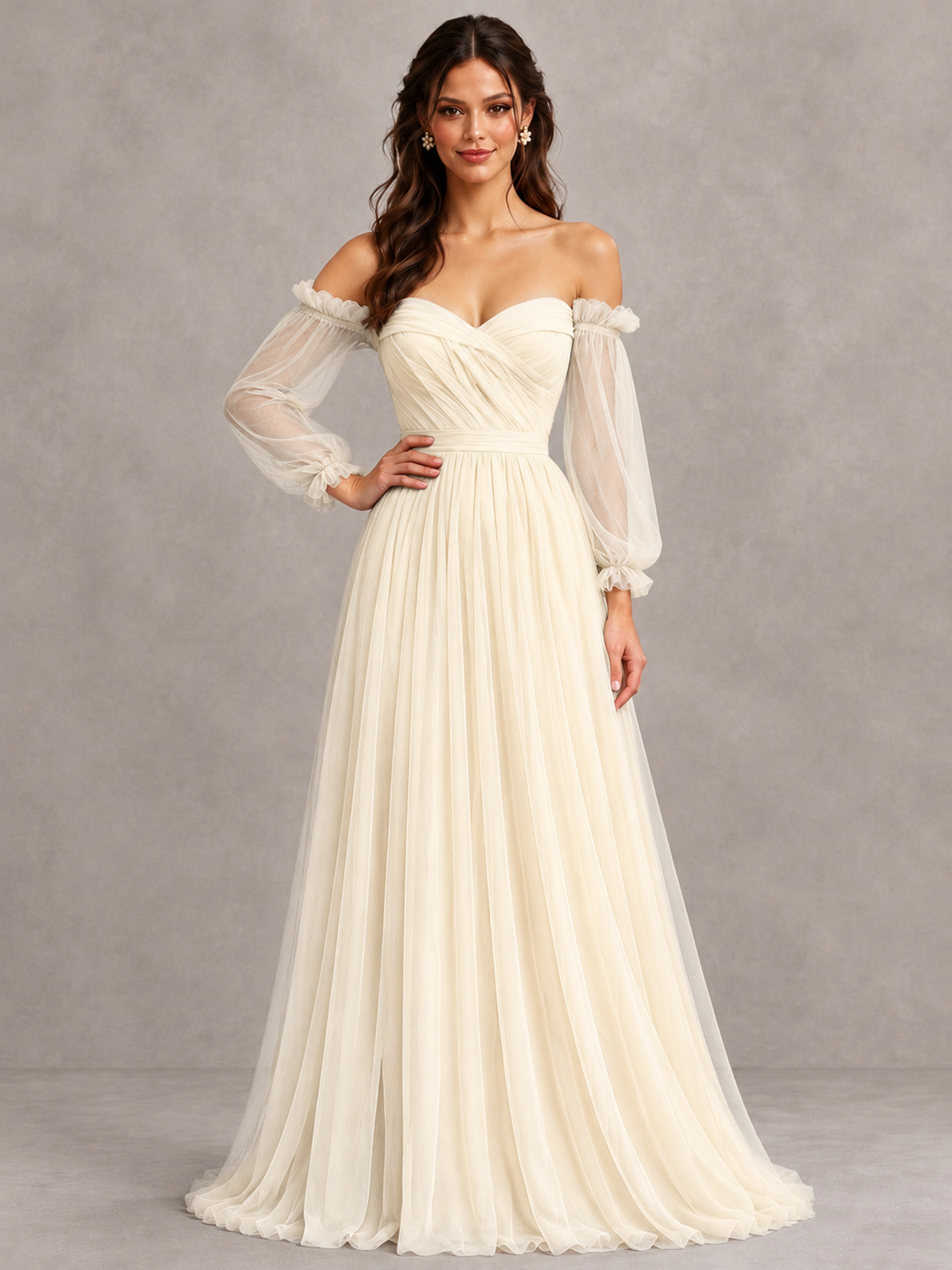 BOLODOO Ivory Off-the-Shoulder Long Sleeve A-Line Bridesmaid Dress - Ivory - Ivory (4)