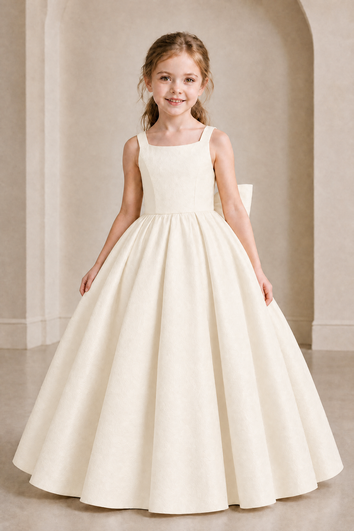 BOLODOO Ivory Girls' A-Line Flower Girl Dress with Back Bow - Ivory