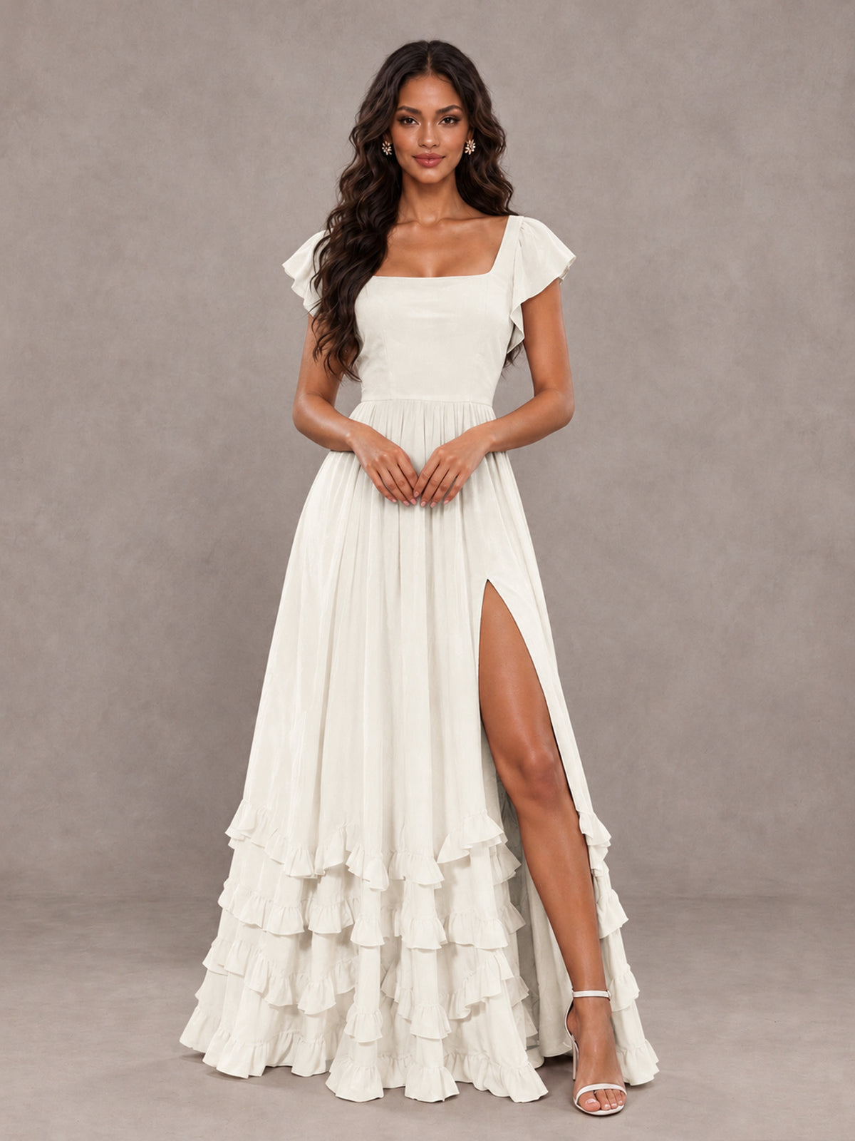BOLODOO Ivory Flutter Sleeve Ruffle Bridesmaid Dress with Slit - Ivory - Ivory (4)