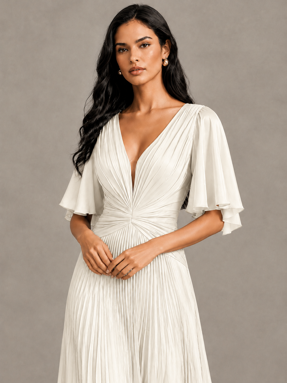 BOLODOO Ivory Pleated V-Neck Flutter Sleeve Bridesmaid Dress - Ivory - Ivory (4)