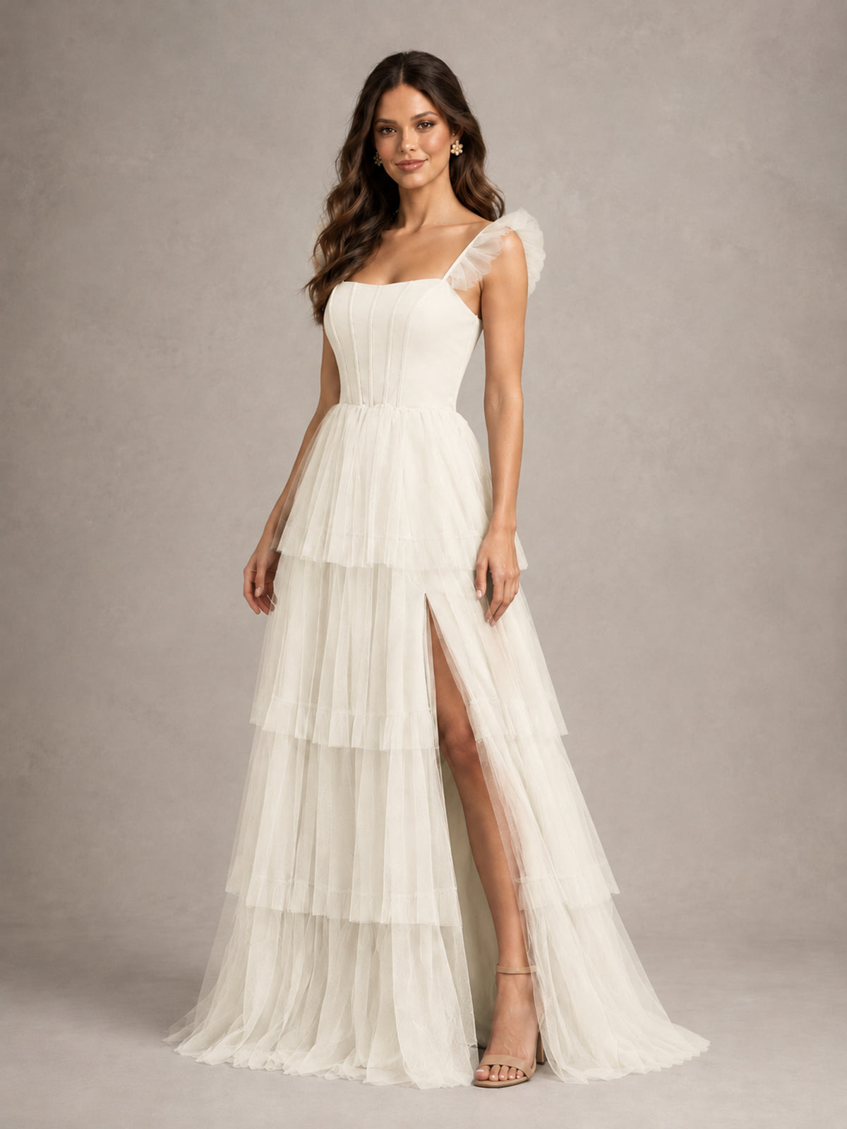 BOLODOO Ivory Tiered Tulle Bridesmaid Dress with Slit - Ivory - Ivory (4)