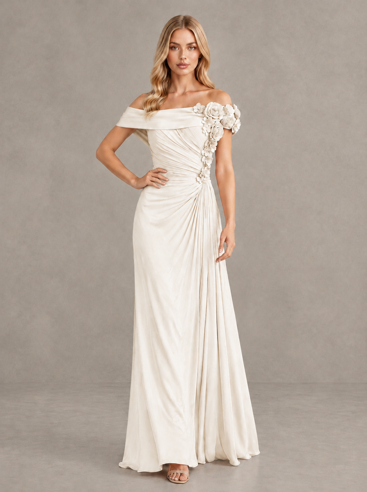 BOLODOO Ivory Off-Shoulder Floral Applique Wedding Guest Maxi Dress - Ivory - Ivory (4)